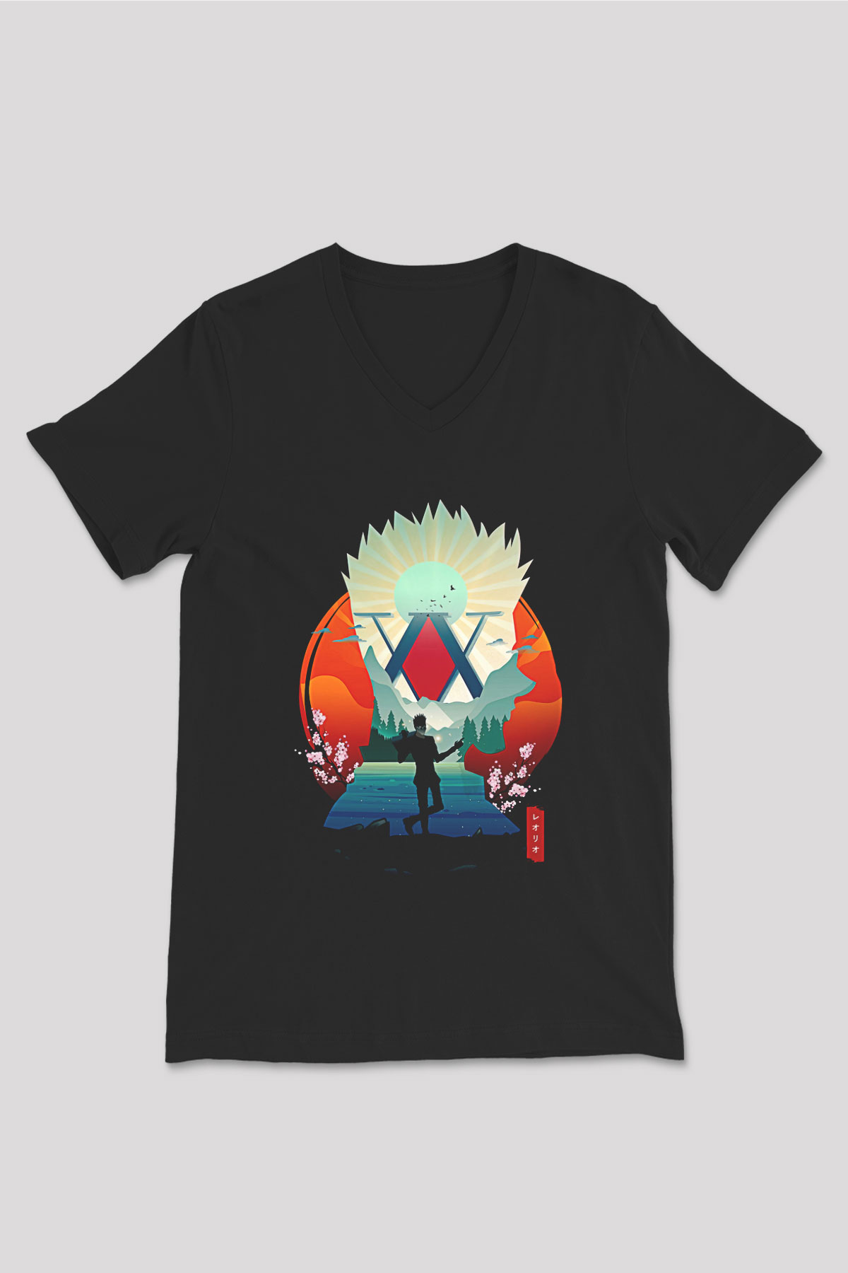 Hunter X Hunter Baskılı Unisex Siyah V Yaka Tişört - Tshirt
