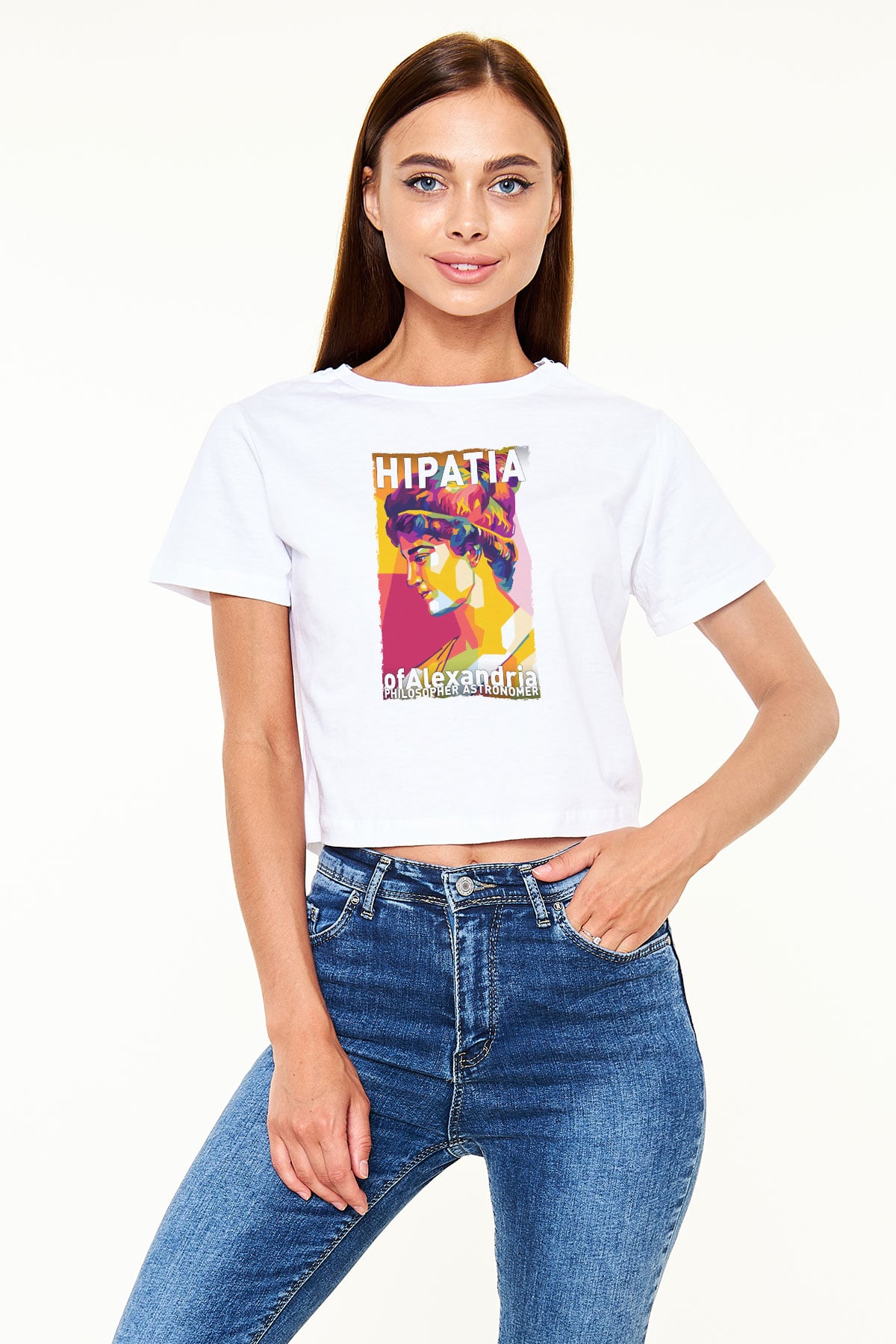 Hypatia of Alexandria Baskılı Kadın Crop Top Beyaz Tişört