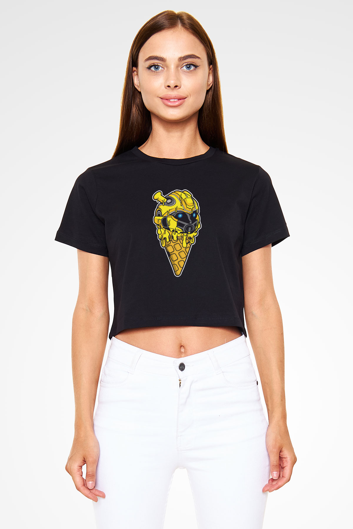 Ice Cream Bumble Bee Baskılı  Siyah  Crop Top Tişört