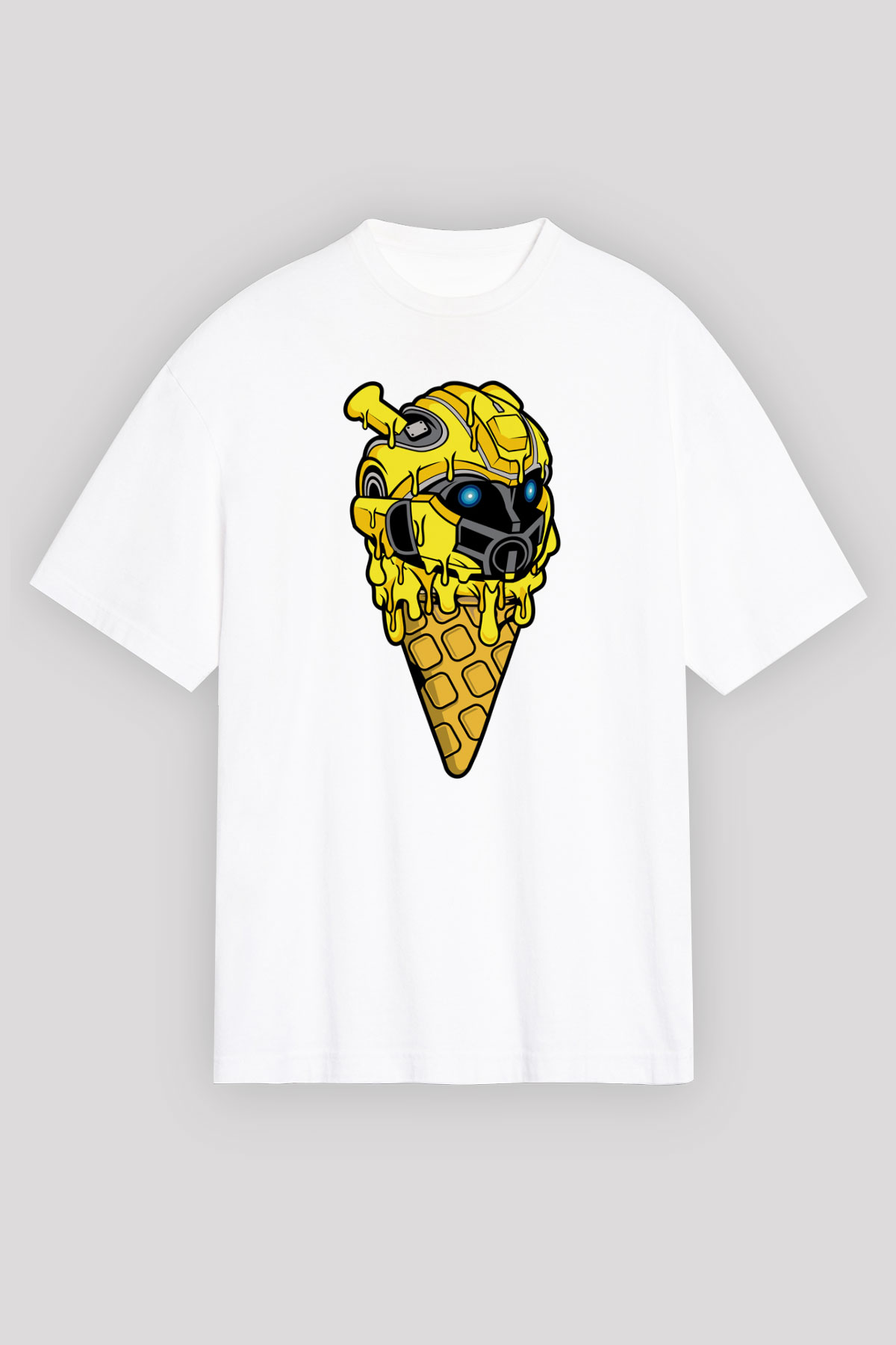 Ice Cream Bumble Bee Baskılı Unisex Beyaz Oversize Tişört