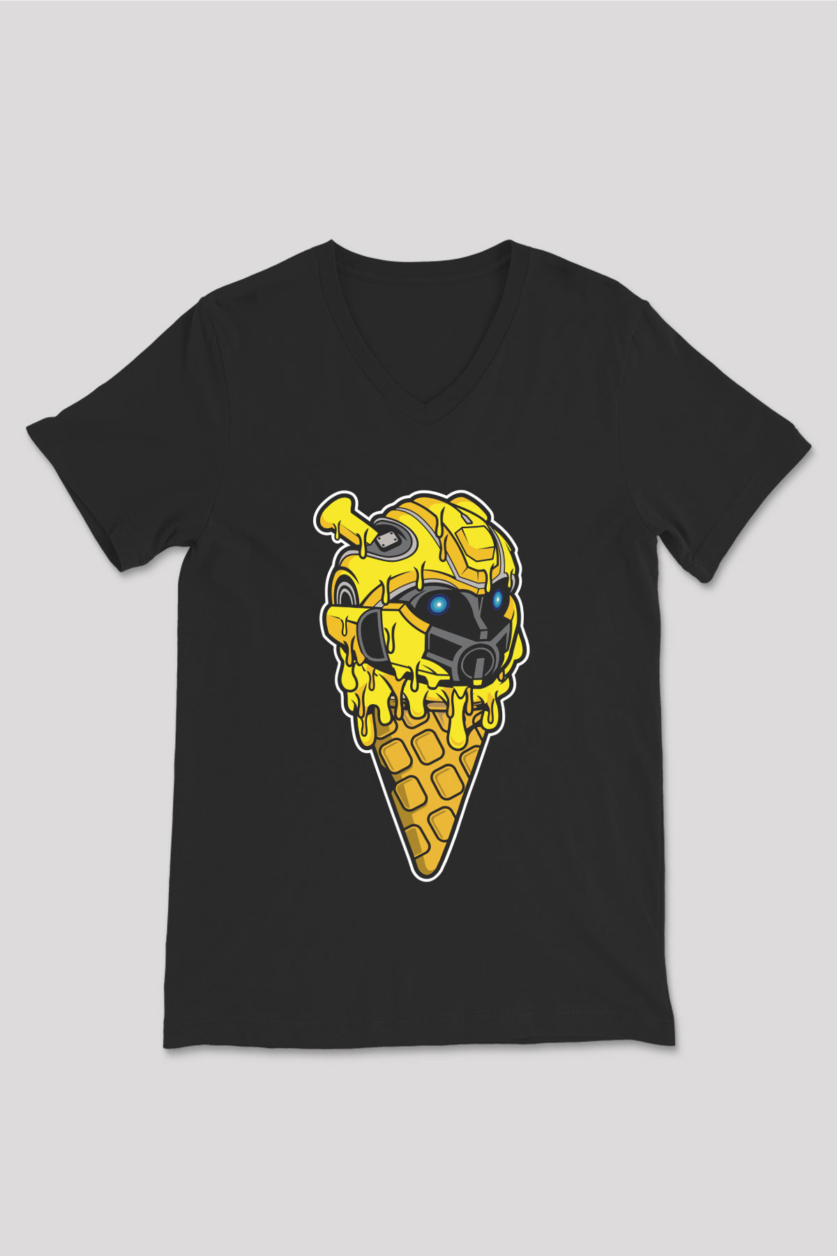 Ice Cream Bumble Bee Baskılı Unisex Siyah V Yaka Tişört