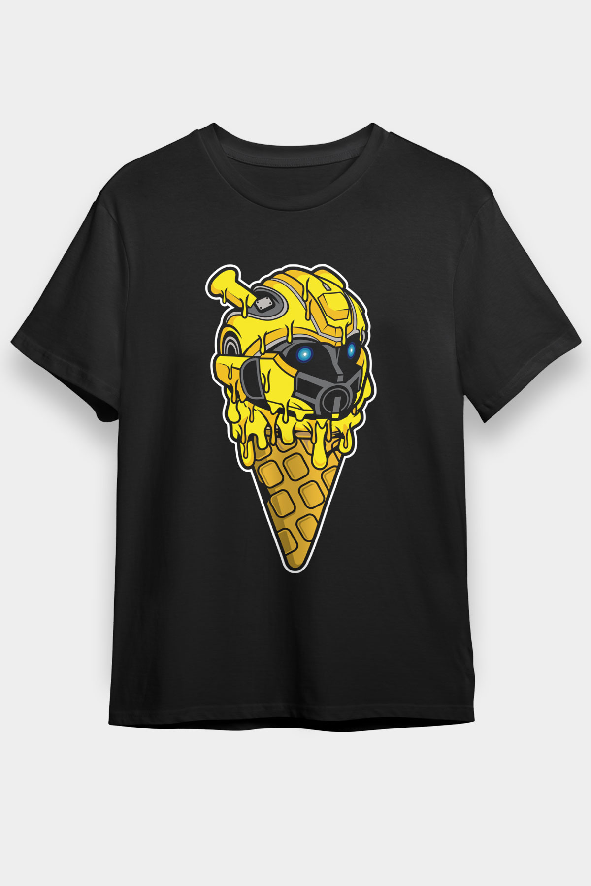 Ice Cream Bumble Bee Baskılı Unisex Siyah Tişört