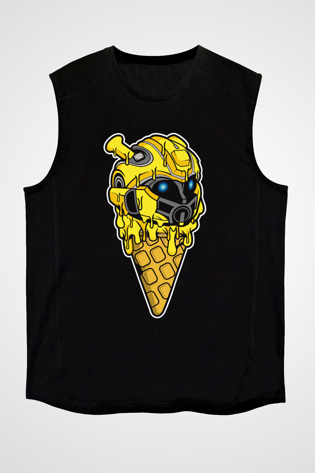 Ice Cream Bumble Bee Baskılı Unisex Siyah Kolsuz Tişört