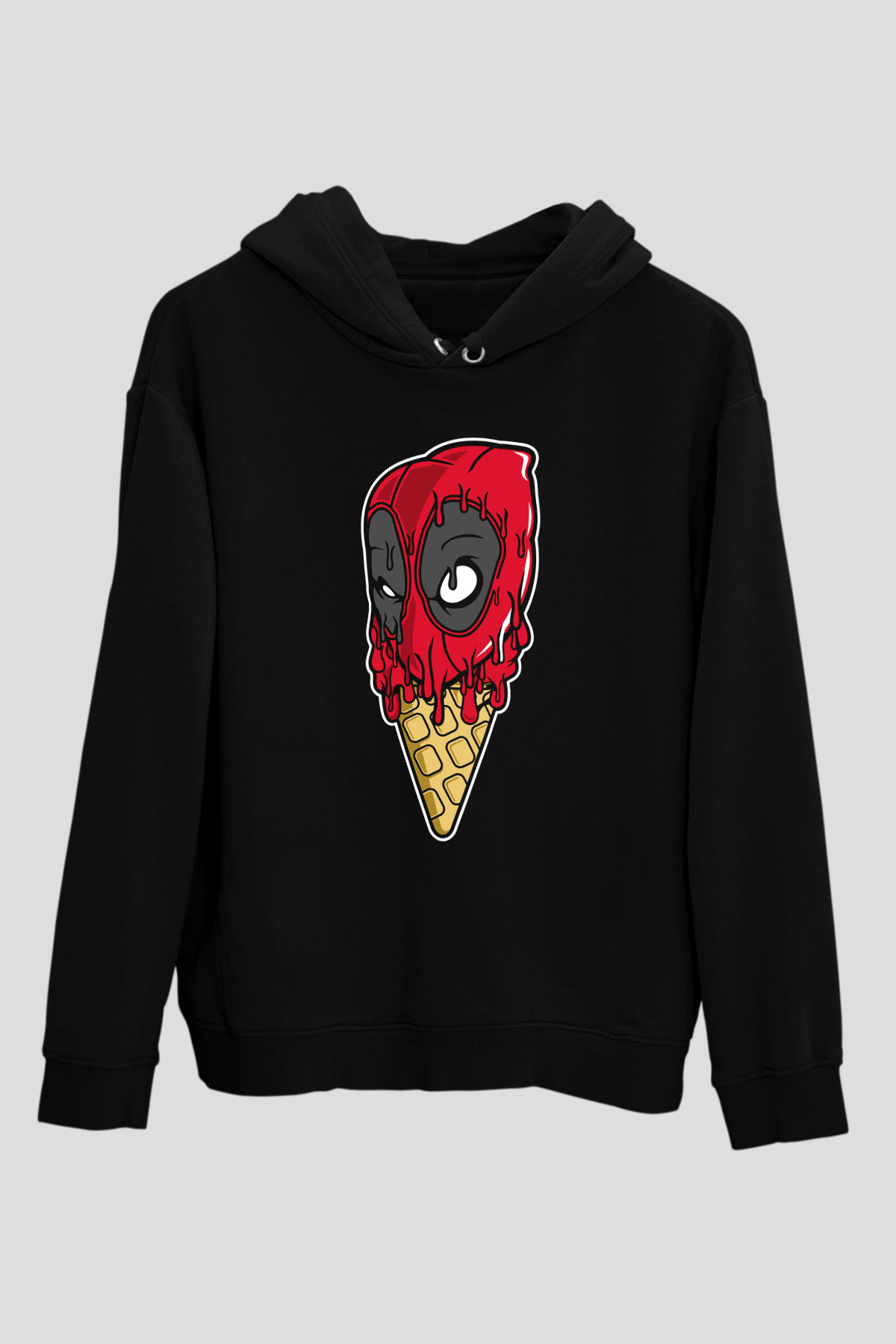 Ice Cream Deadpool Baskılı Unisex Siyah Hoodie