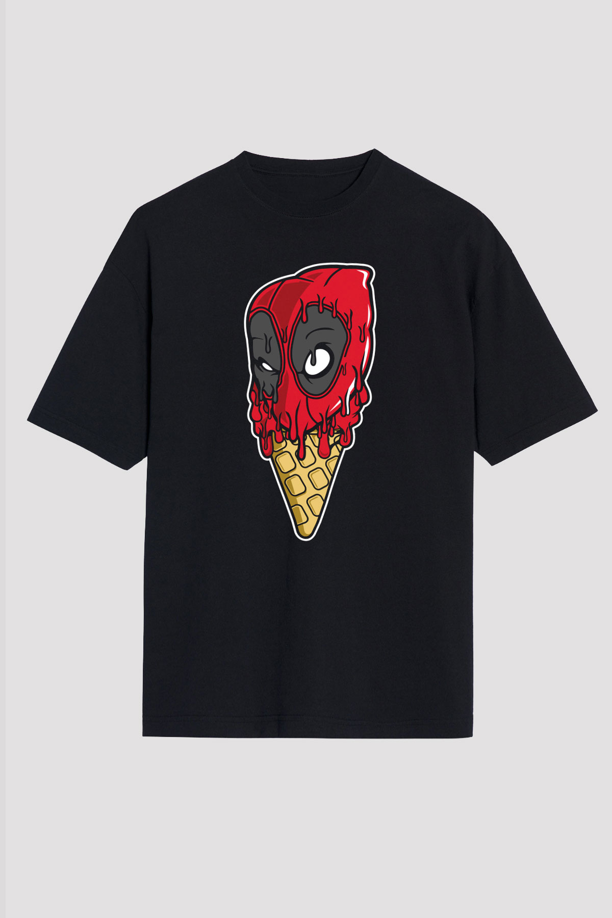 Ice Cream Deadpool Baskılı Unisex Siyah Oversize Tişört