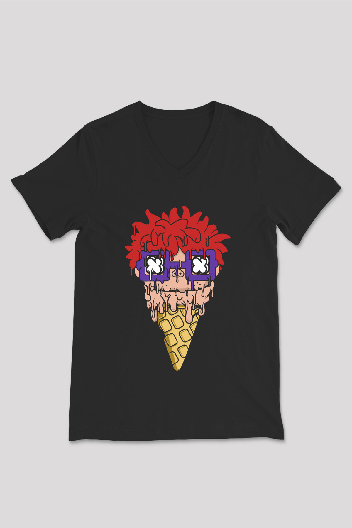 Ice Cream Rugrat Baskılı Unisex Siyah V Yaka Tişört