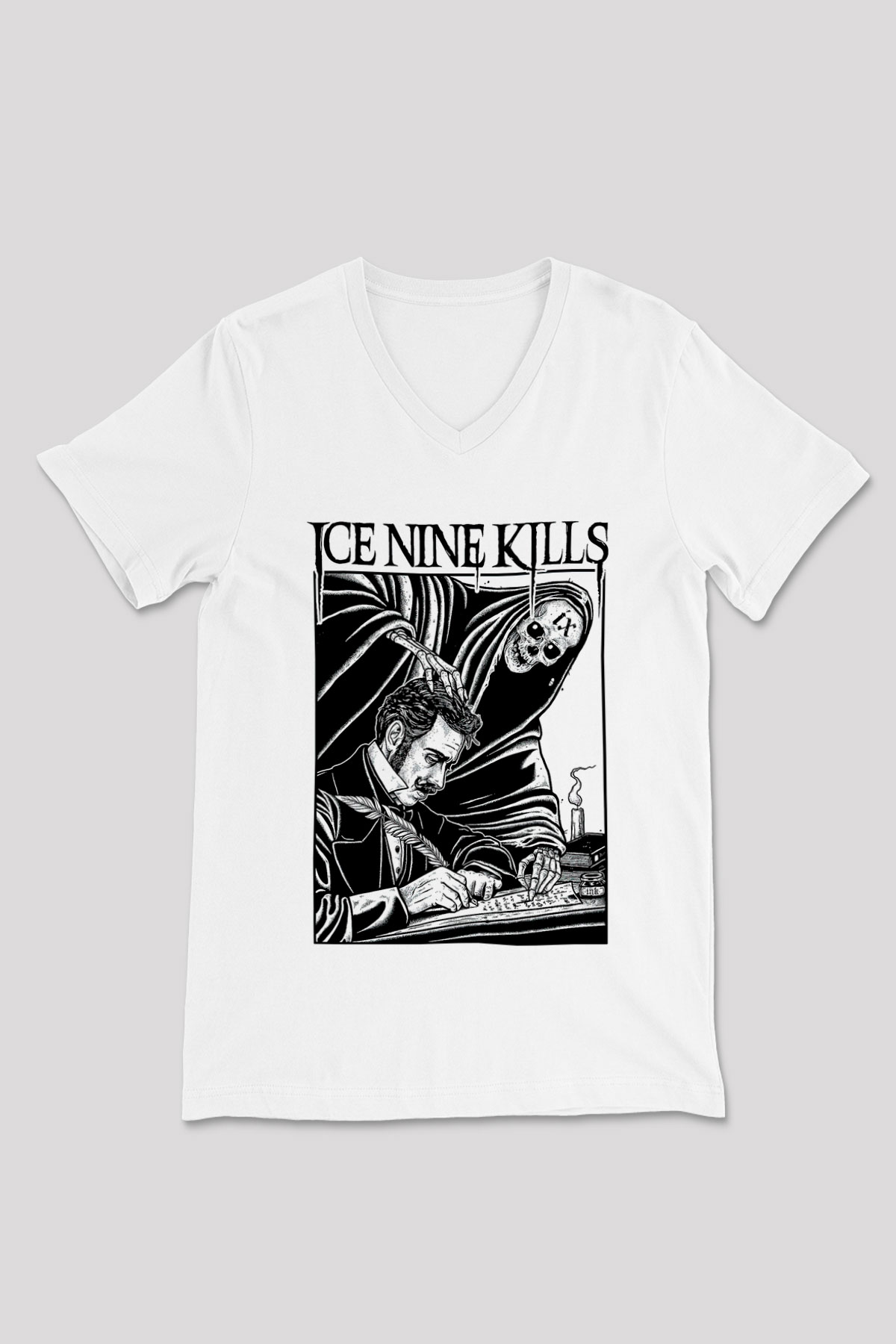 Ice Nine Kills Baskılı Beyaz Unisex V Yaka Tişört - Tshirt