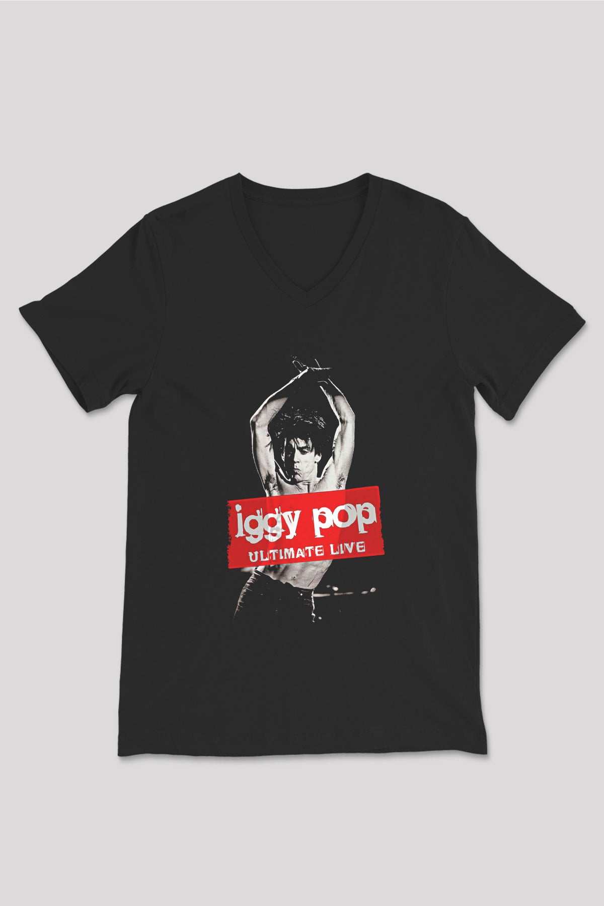 Iggy Pop Baskılı Unisex Siyah V Yaka Tişört - Tshirt
