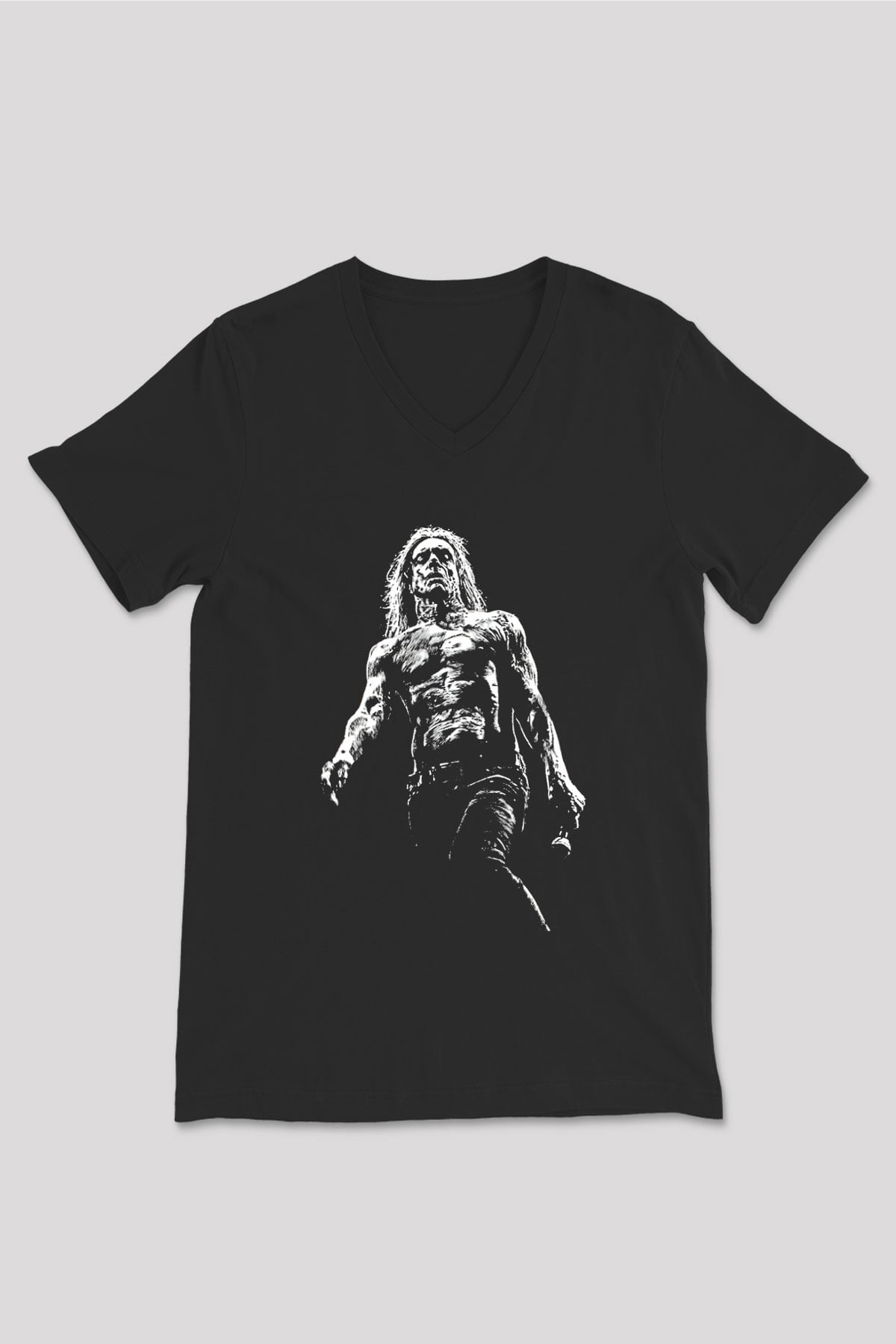 Iggy Pop Baskılı Unisex Siyah V Yaka Tişört - Tshirt