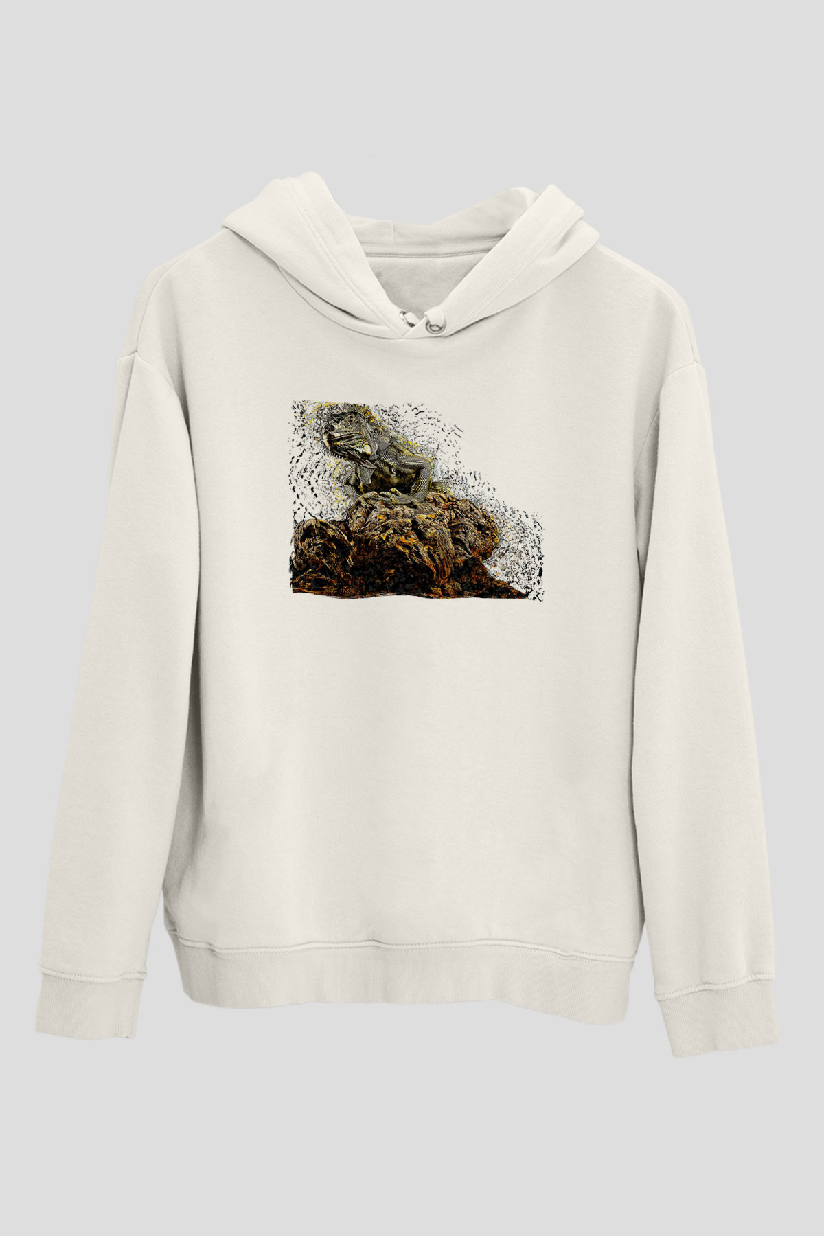 İguana Baskılı Beyaz Unisex Hoodie
