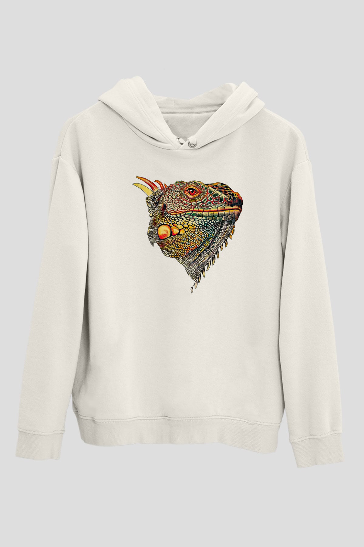 İguana Baskılı Beyaz Unisex Hoodie