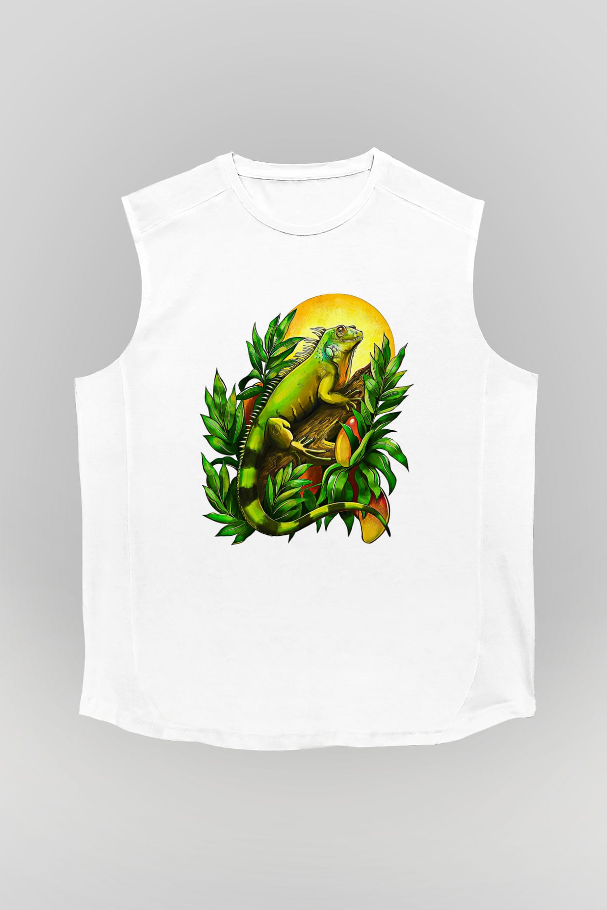 İguana Baskılı Beyaz Unisex Kolsuz Tişört - Tshirt