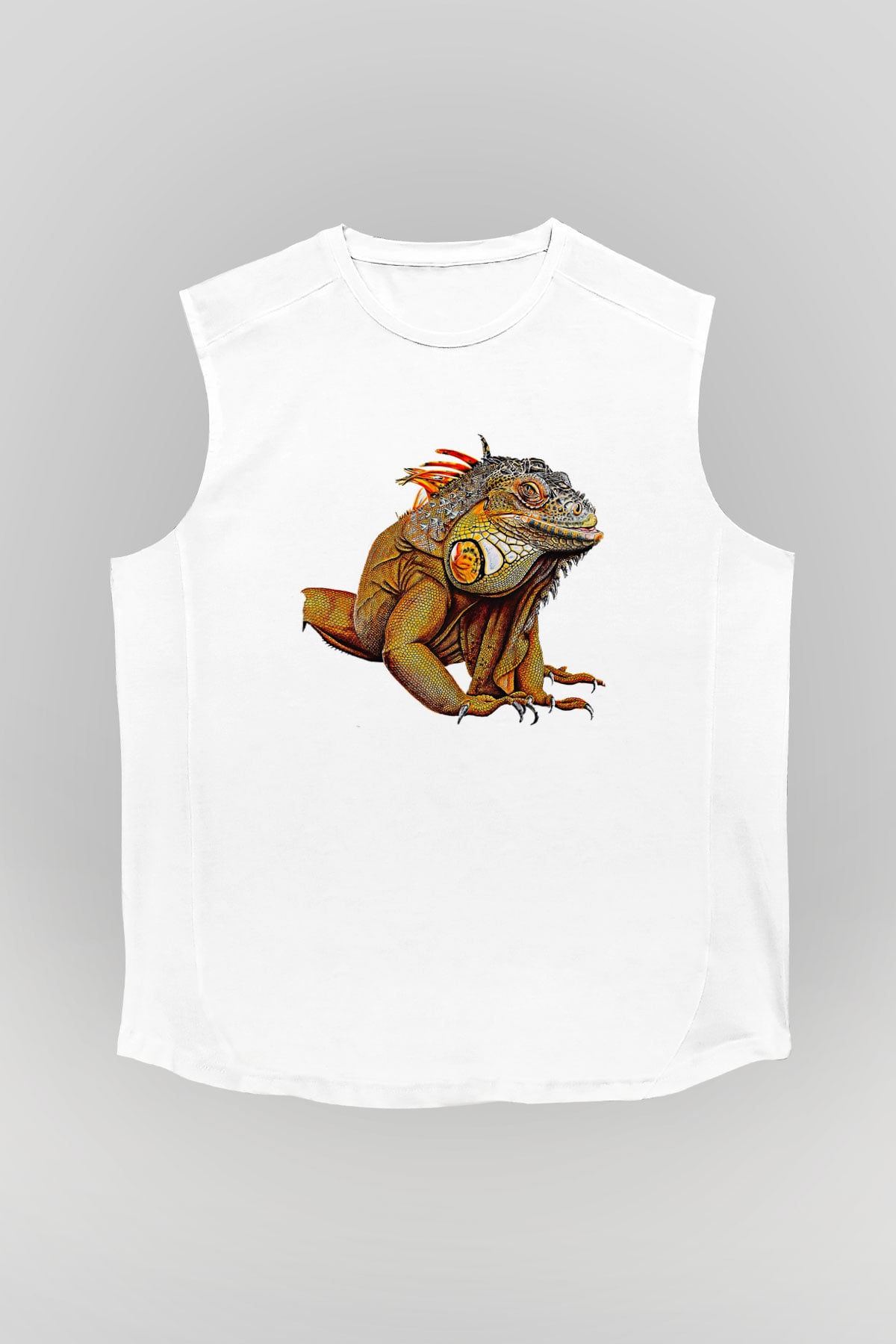İguana Baskılı Beyaz Unisex Kolsuz Tişört - Tshirt