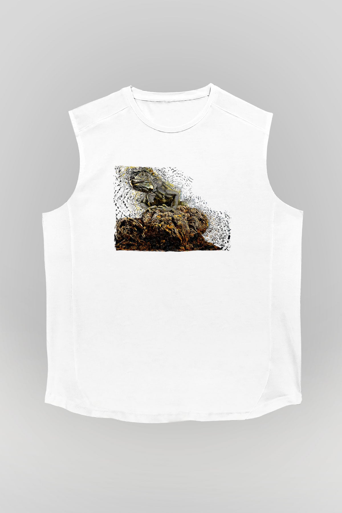 İguana Baskılı Beyaz Unisex Kolsuz Tişört - Tshirt