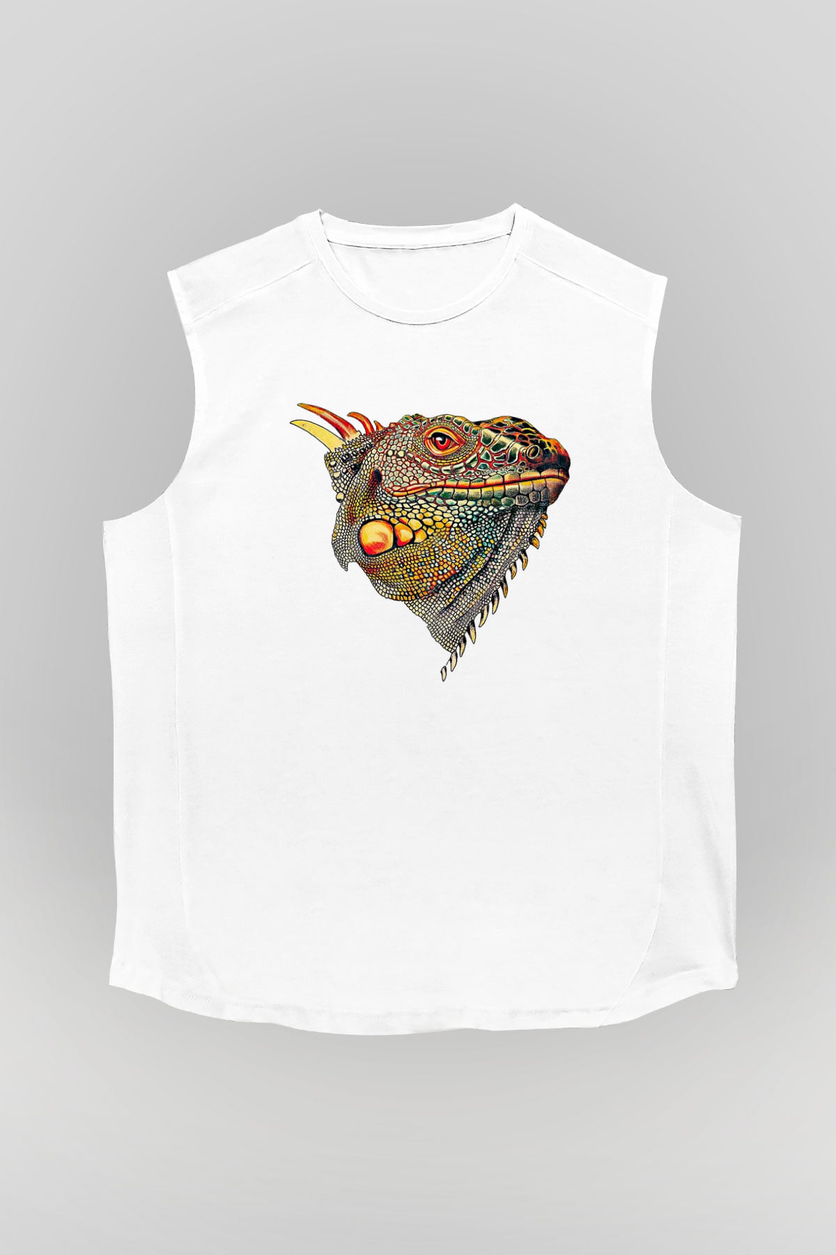 İguana Baskılı Beyaz Unisex Kolsuz Tişört - Tshirt