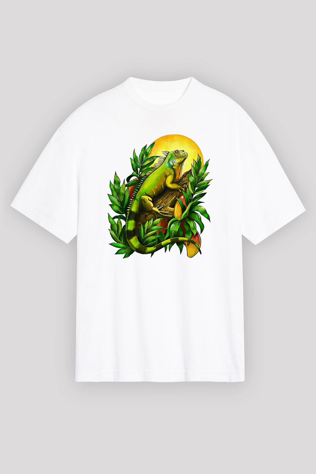 İguana Baskılı Beyaz Unisex Oversize Tişört - Tshirt
