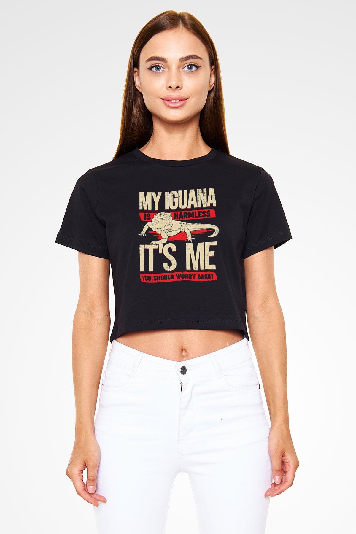 İguana Baskılı Siyah Crop Top Kadın Tişört - Tshirt
