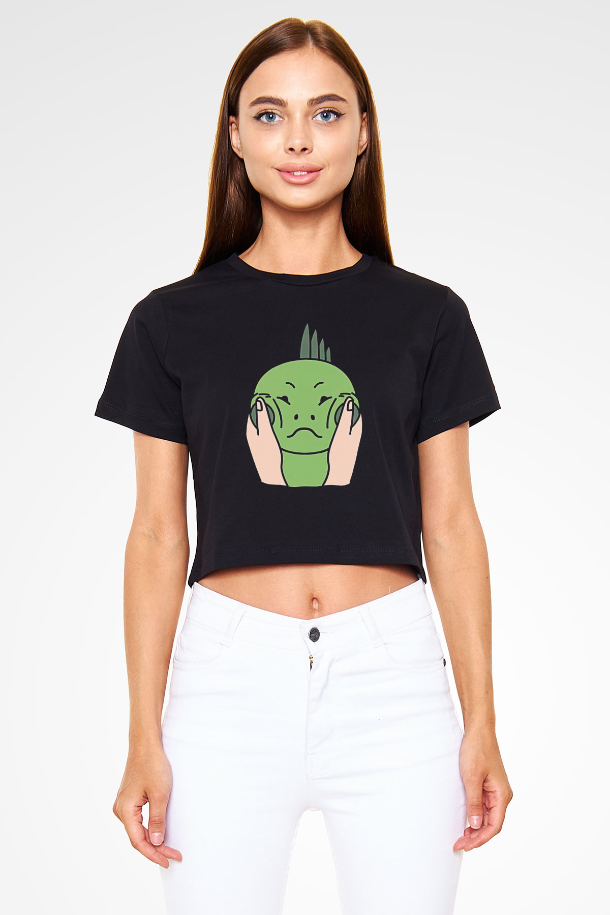İguana Baskılı Siyah Crop Top Kadın Tişört - Tshirt