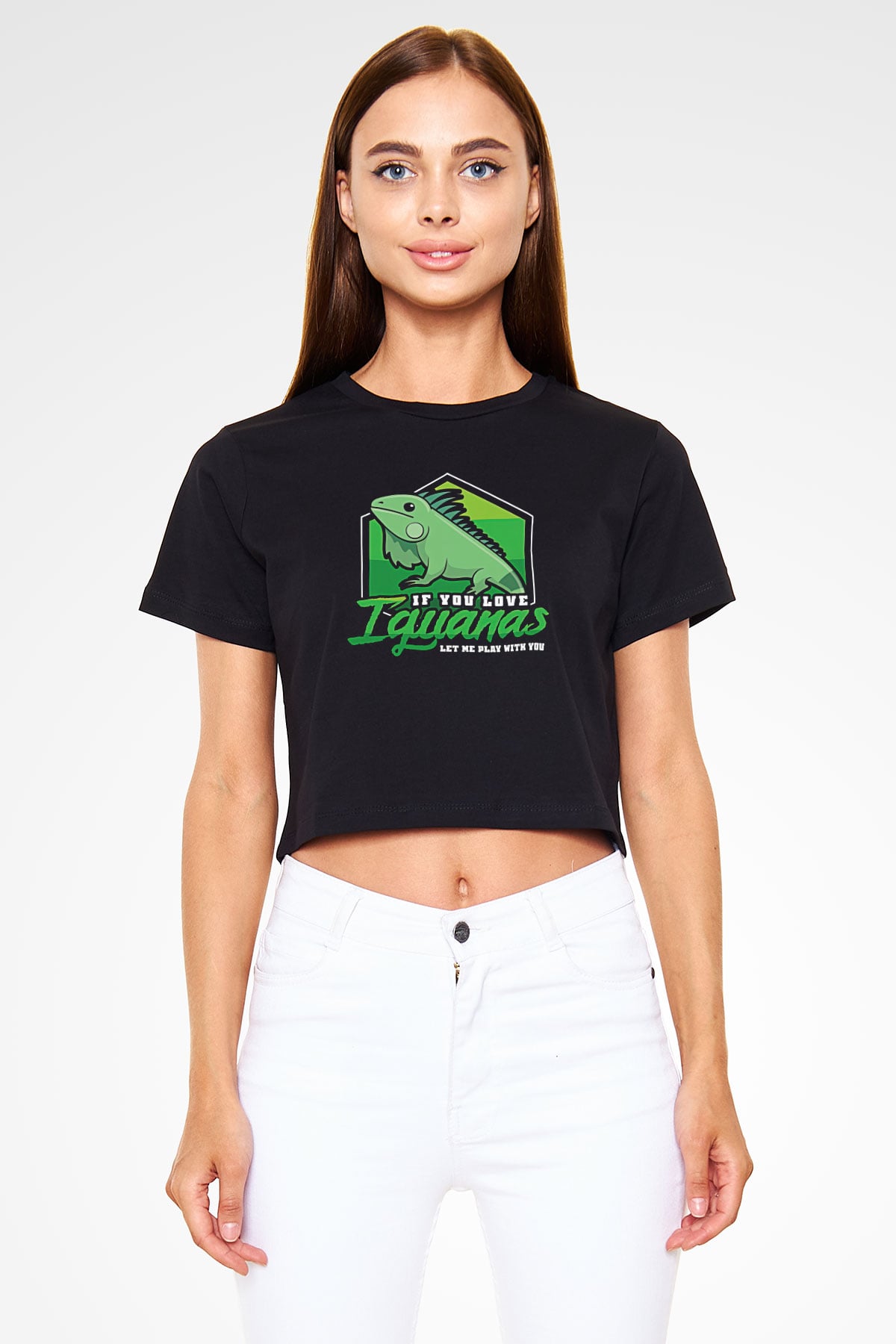 İguana Baskılı Siyah Crop Top Kadın Tişört - Tshirt