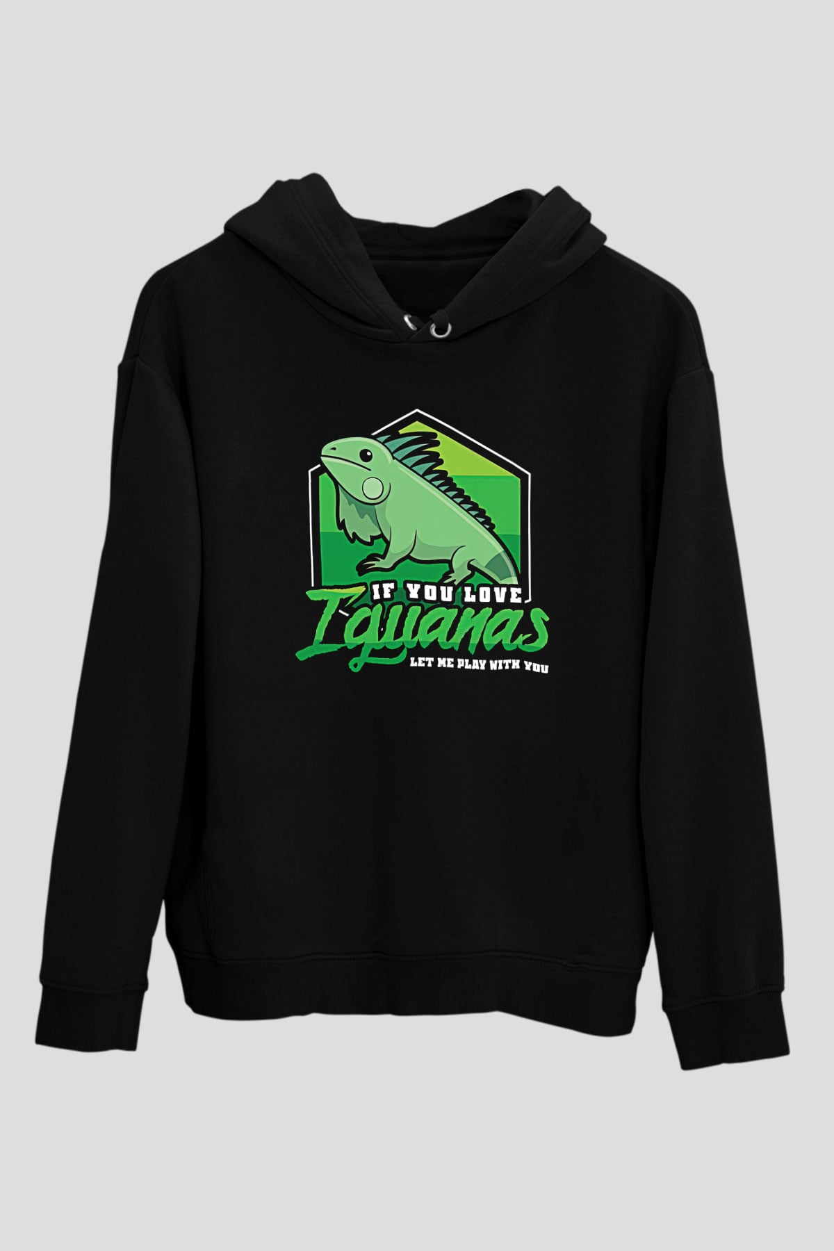 İguana Baskılı Unisex Siyah Hoodie