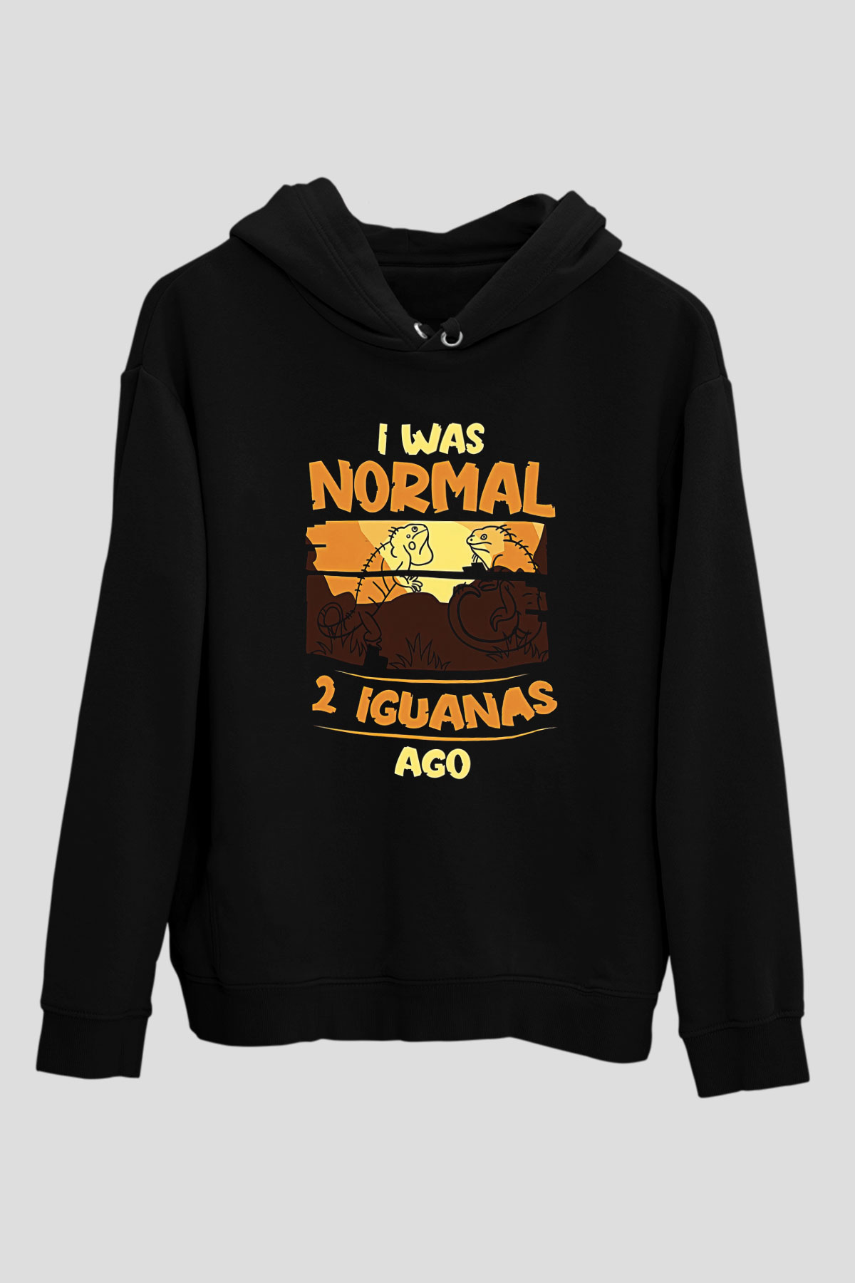 İguana Baskılı Unisex Siyah Hoodie