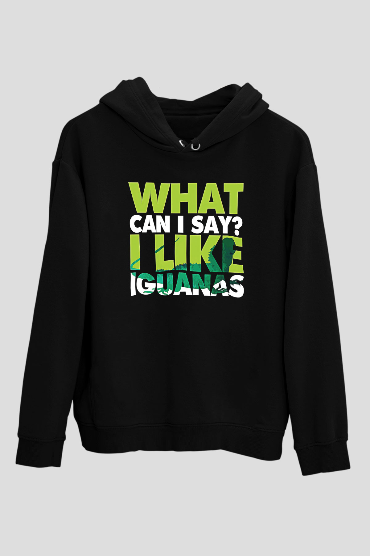 İguana Baskılı Unisex Siyah Hoodie