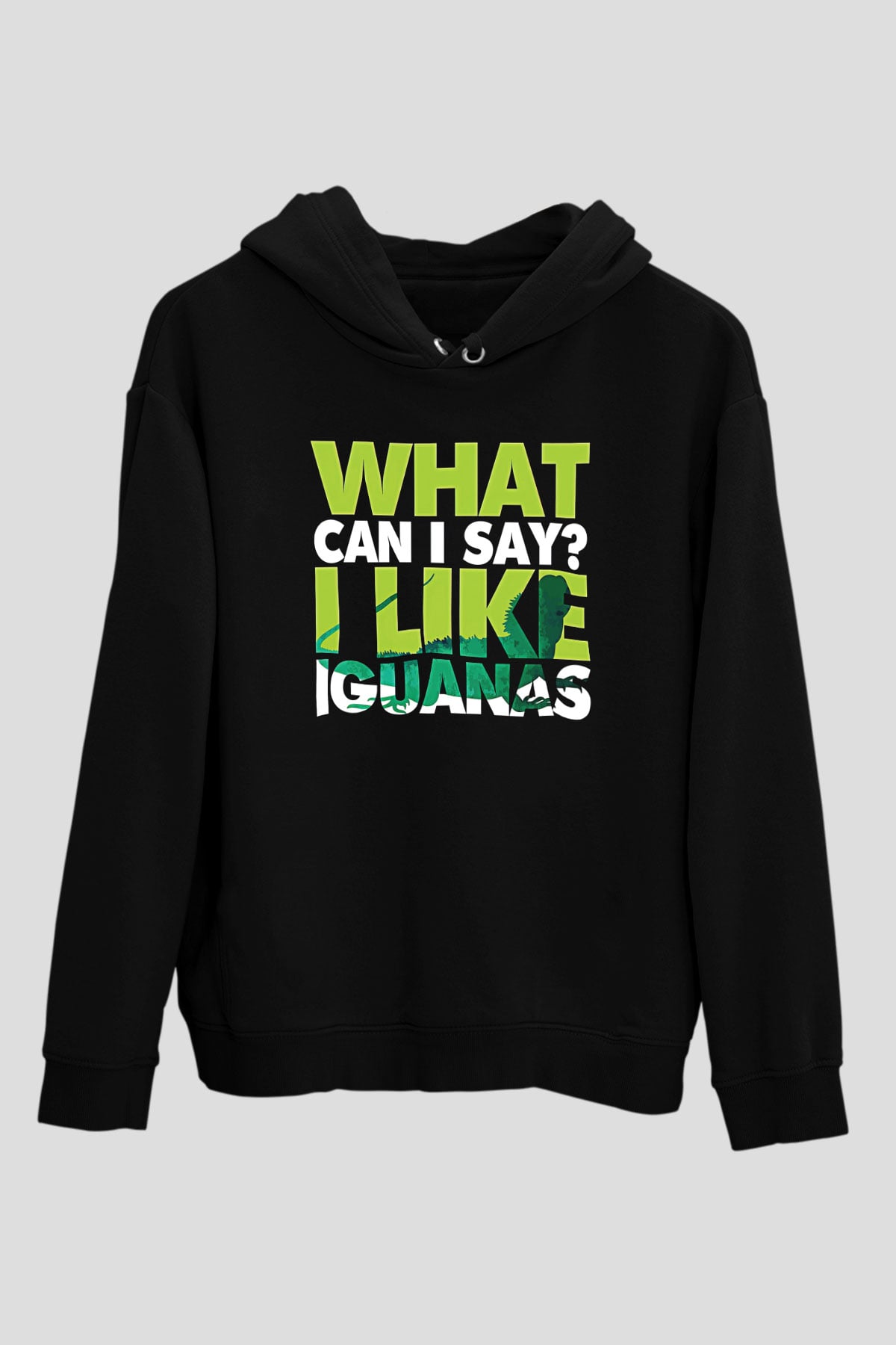 İguana Baskılı Unisex Siyah Hoodie