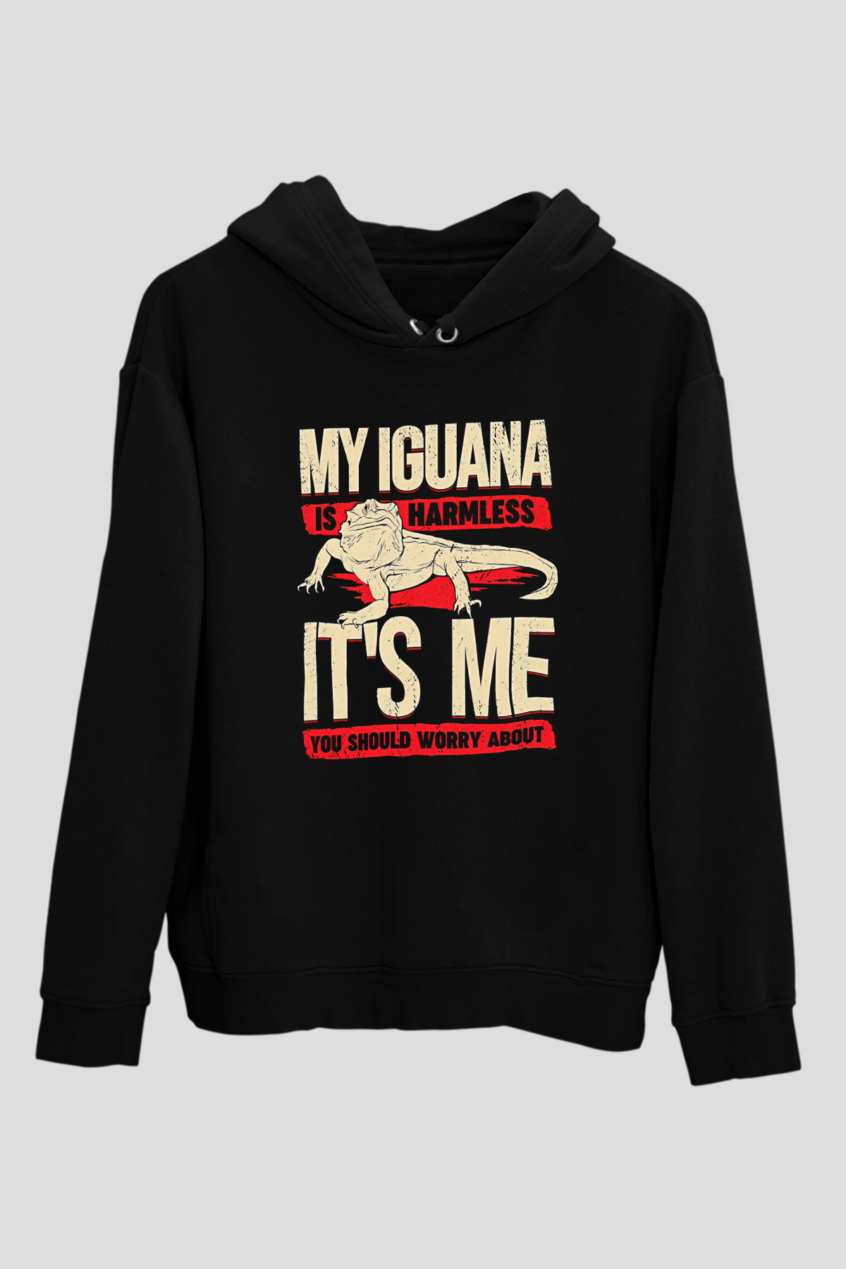 İguana Baskılı Unisex Siyah Hoodie