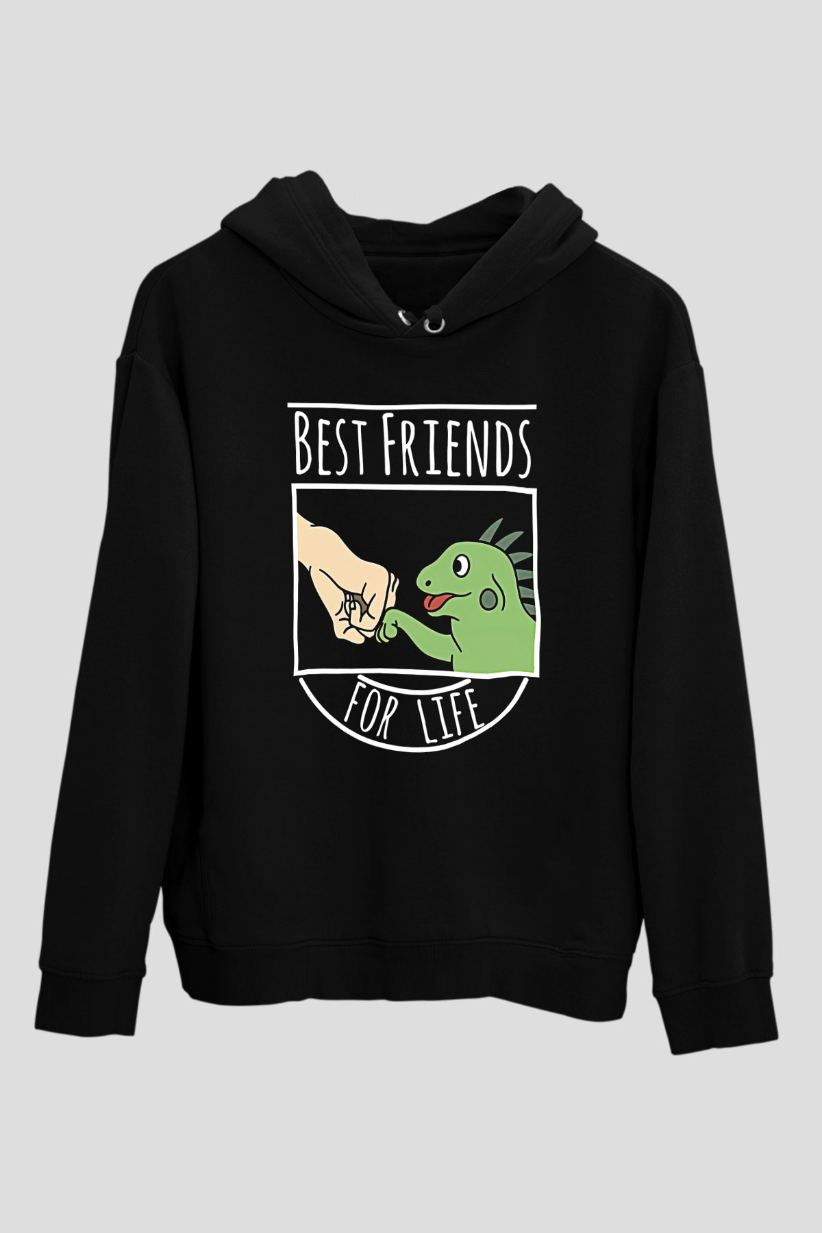 İguana Baskılı Unisex Siyah Hoodie
