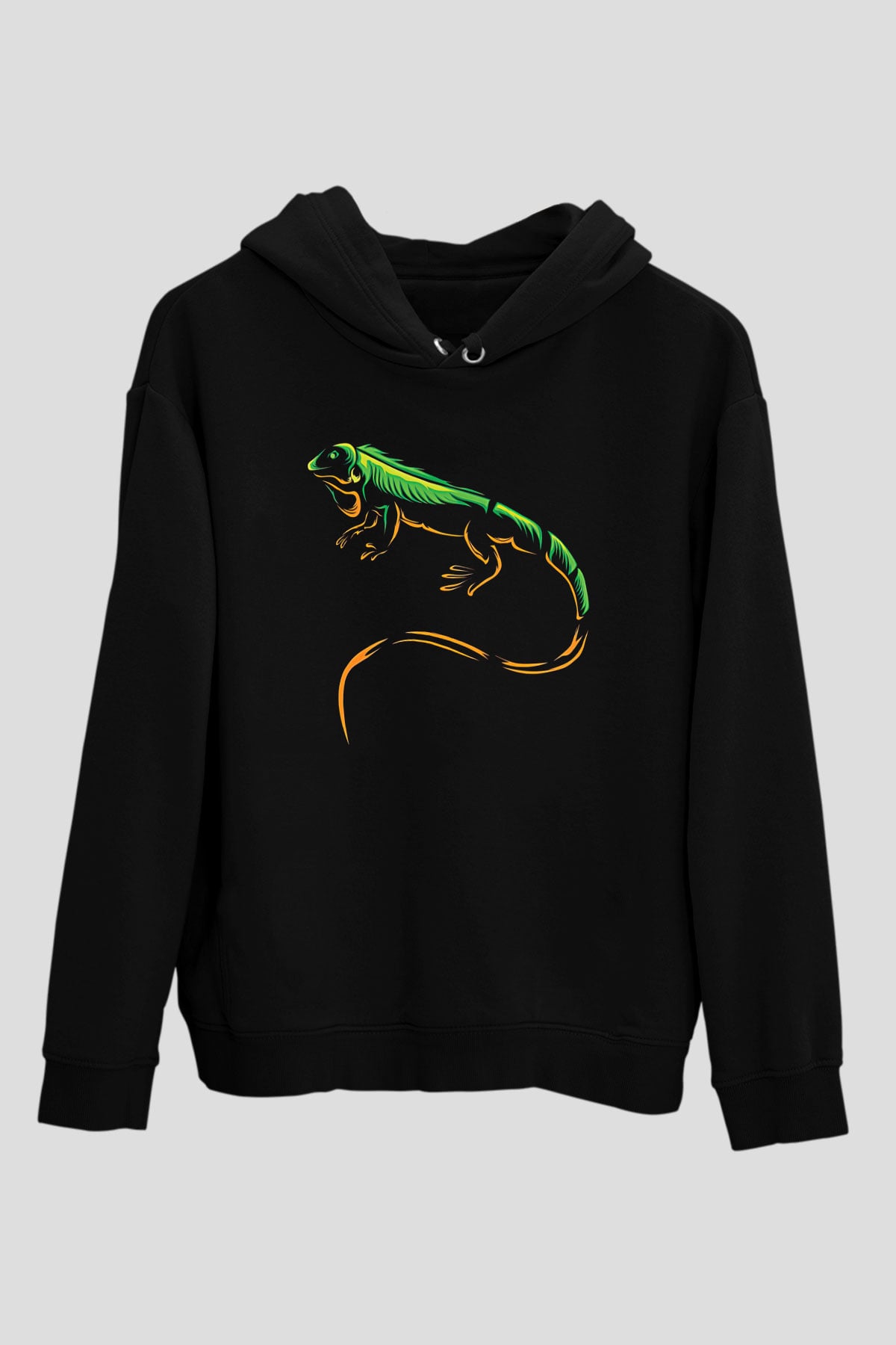 İguana Baskılı Unisex Siyah Hoodie