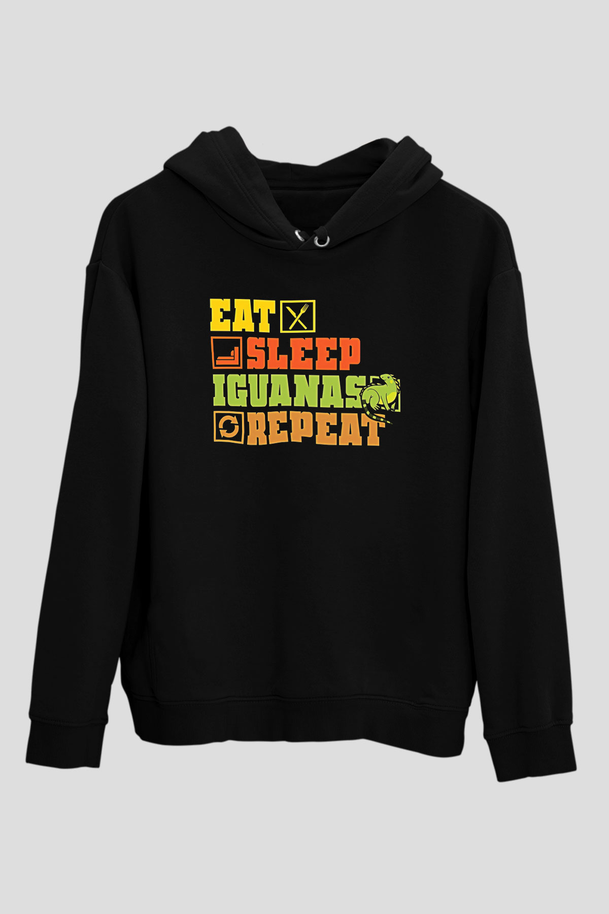 İguana Baskılı Unisex Siyah Hoodie
