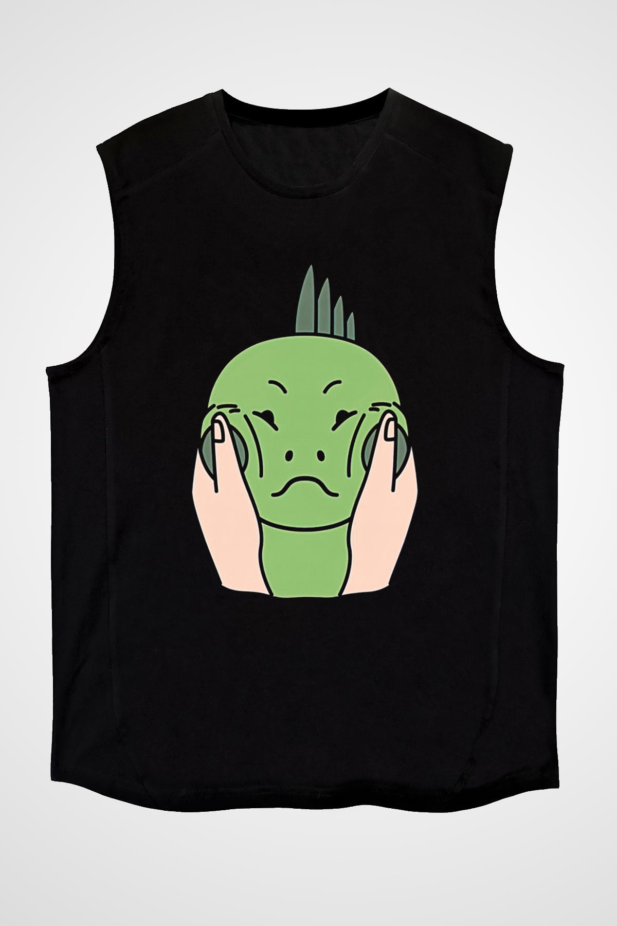 İguana Baskılı Unisex Siyah Kolsuz Tişört - Tshirt