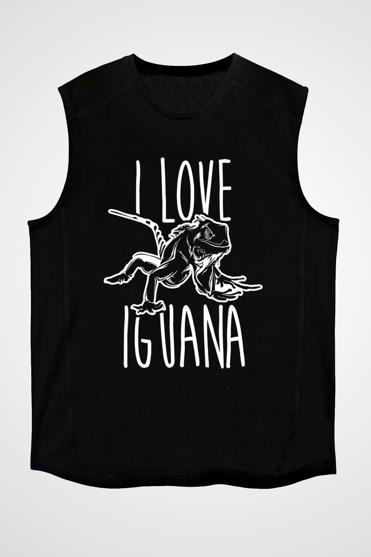 İguana Baskılı Unisex Siyah Kolsuz Tişört - Tshirt