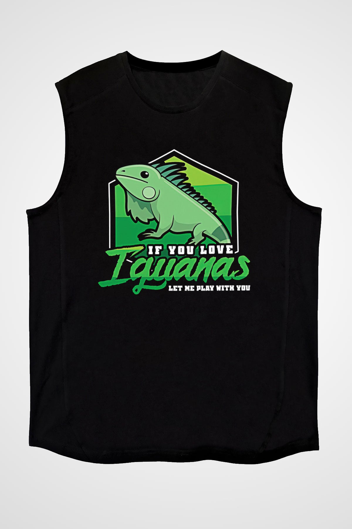 İguana Baskılı Unisex Siyah Kolsuz Tişört - Tshirt