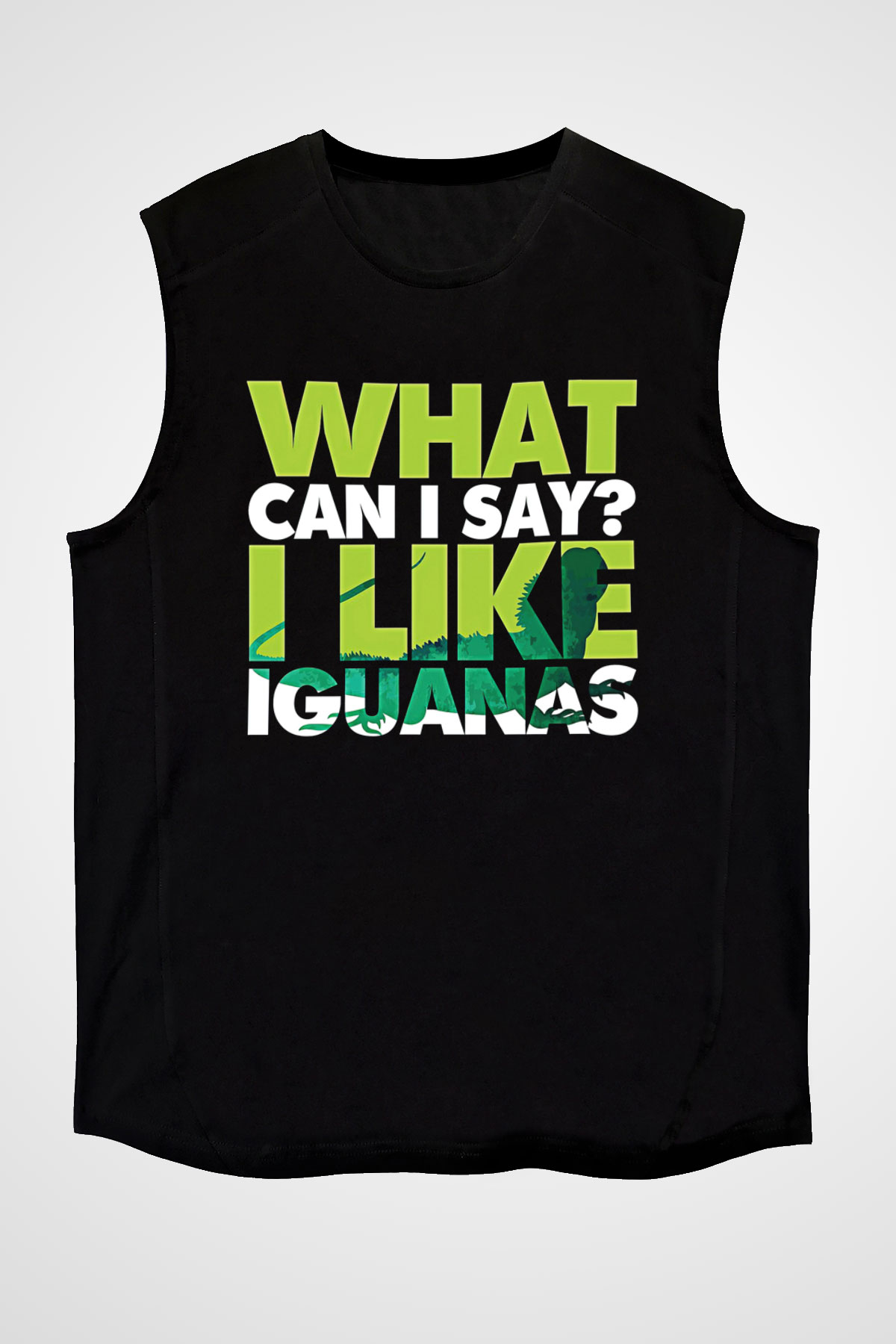 İguana Baskılı Unisex Siyah Kolsuz Tişört - Tshirt