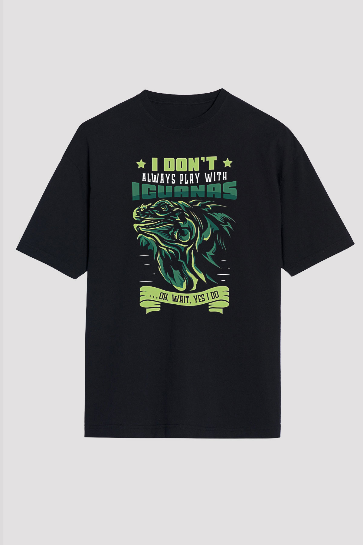 İguana Baskılı Unisex Siyah Oversize Tişört - Tshirt