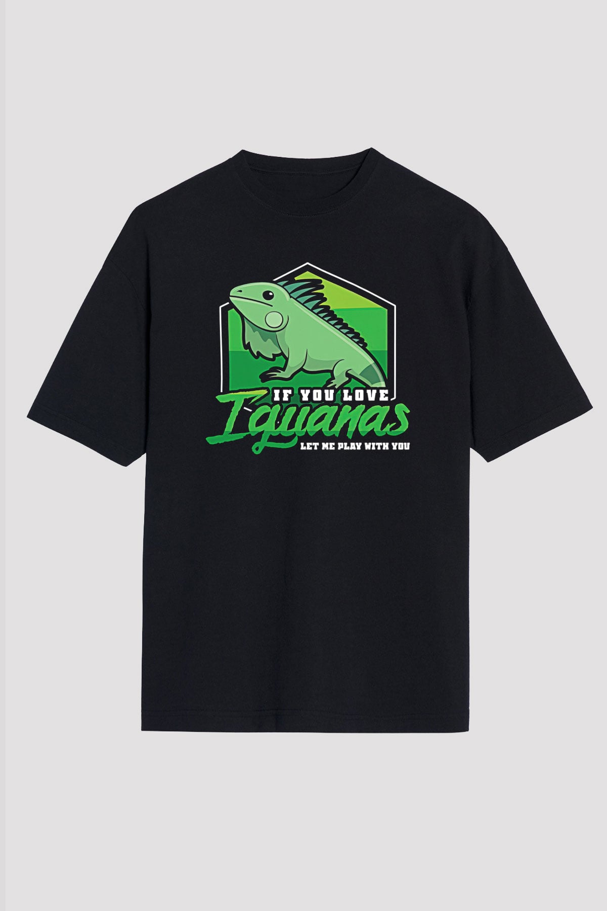 İguana Baskılı Unisex Siyah Oversize Tişört - Tshirt