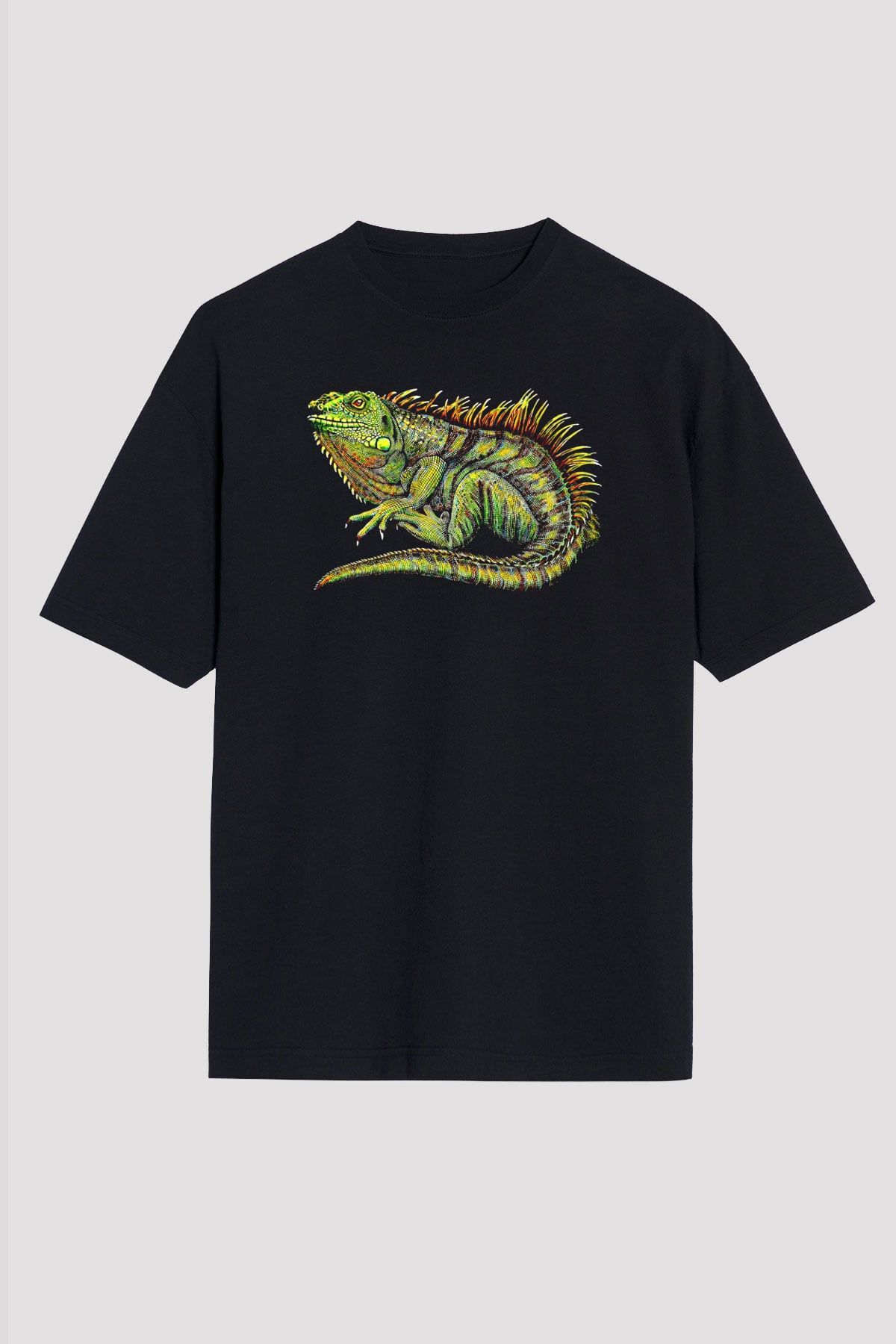 İguana Baskılı Unisex Siyah Oversize Tişört - Tshirt