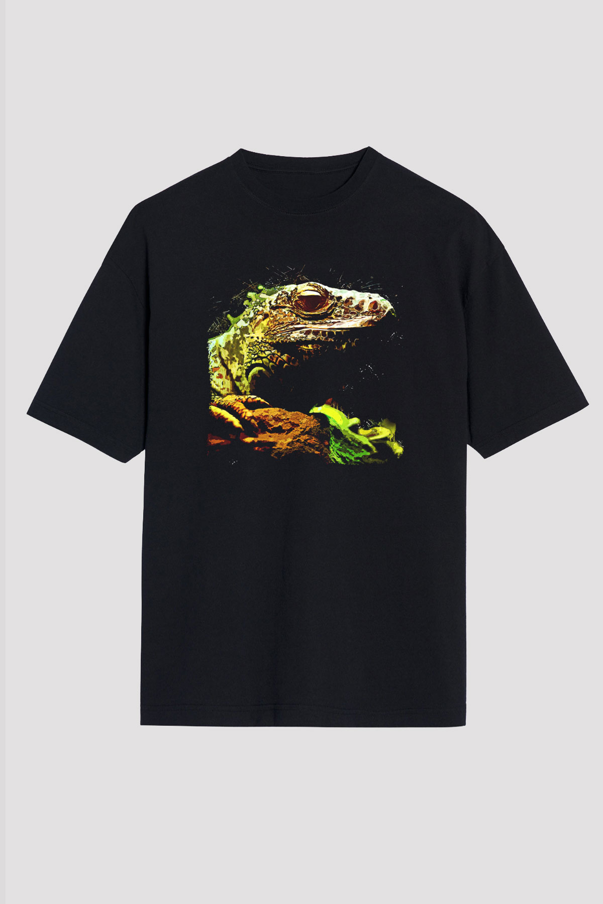 İguana Baskılı Unisex Siyah Oversize Tişört - Tshirt