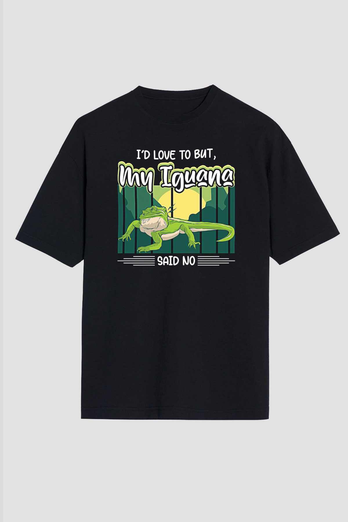 İguana Baskılı Unisex Siyah Oversize Tişört - Tshirt