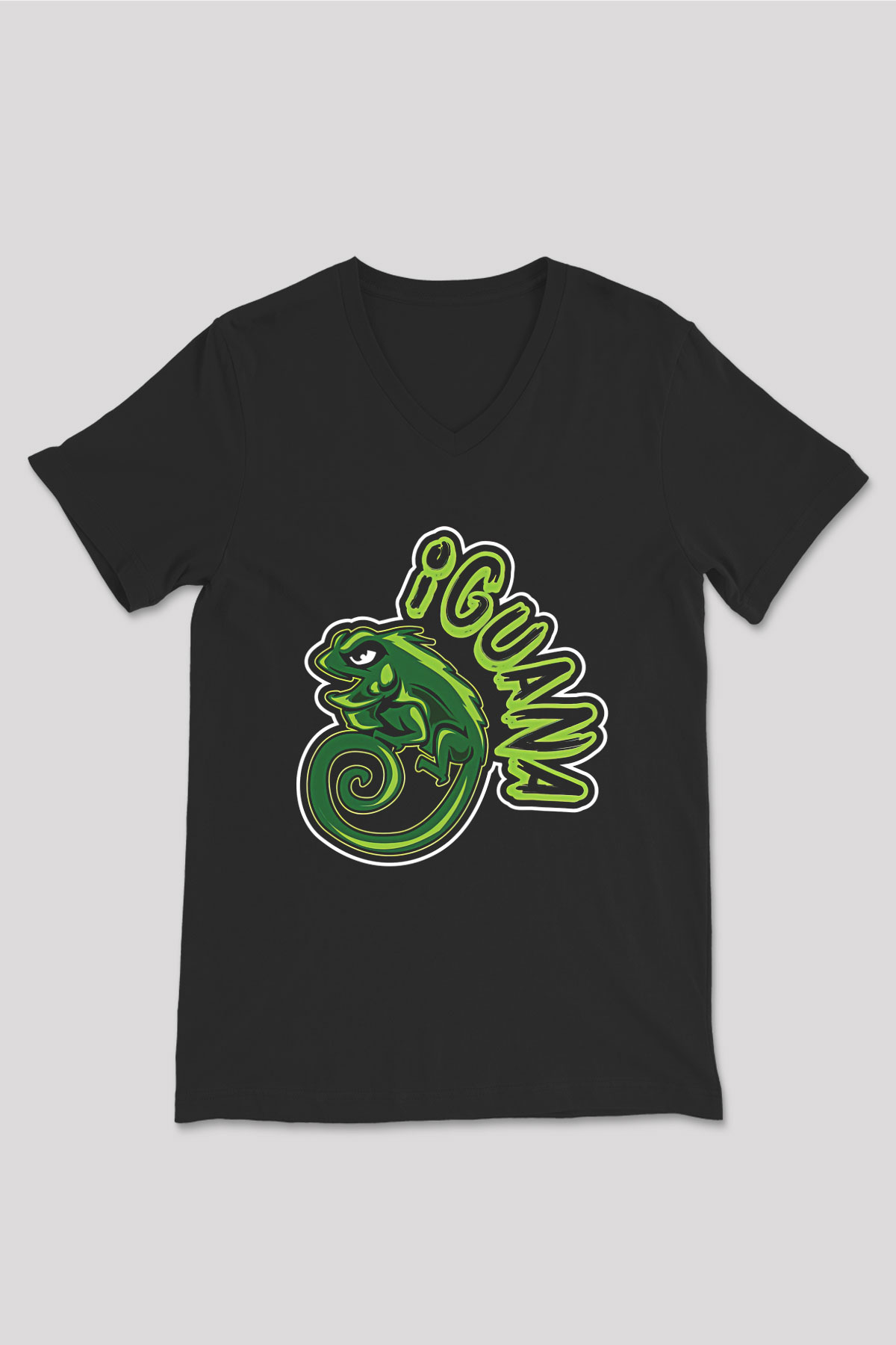 İguana Baskılı Unisex Siyah V Yaka Tişört - Tshirt