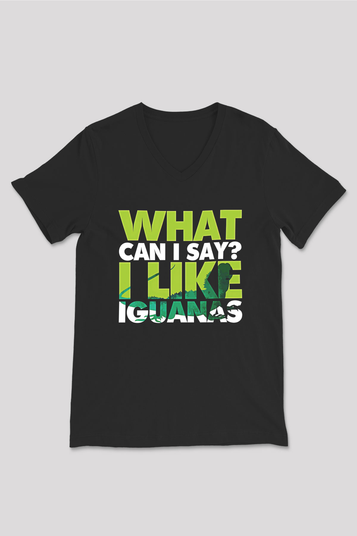 İguana Baskılı Unisex Siyah V Yaka Tişört - Tshirt