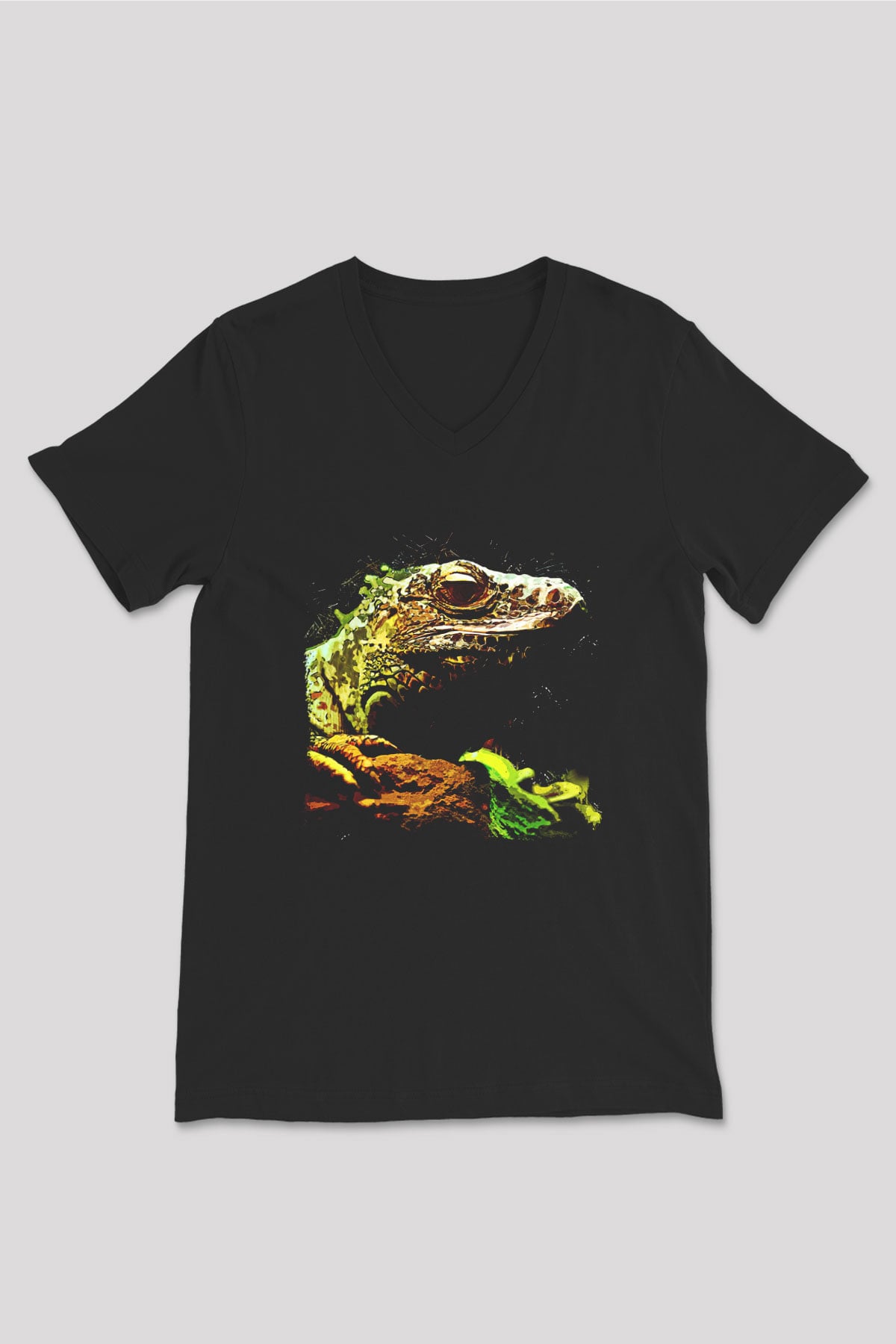 İguana Baskılı Unisex Siyah V Yaka Tişört - Tshirt