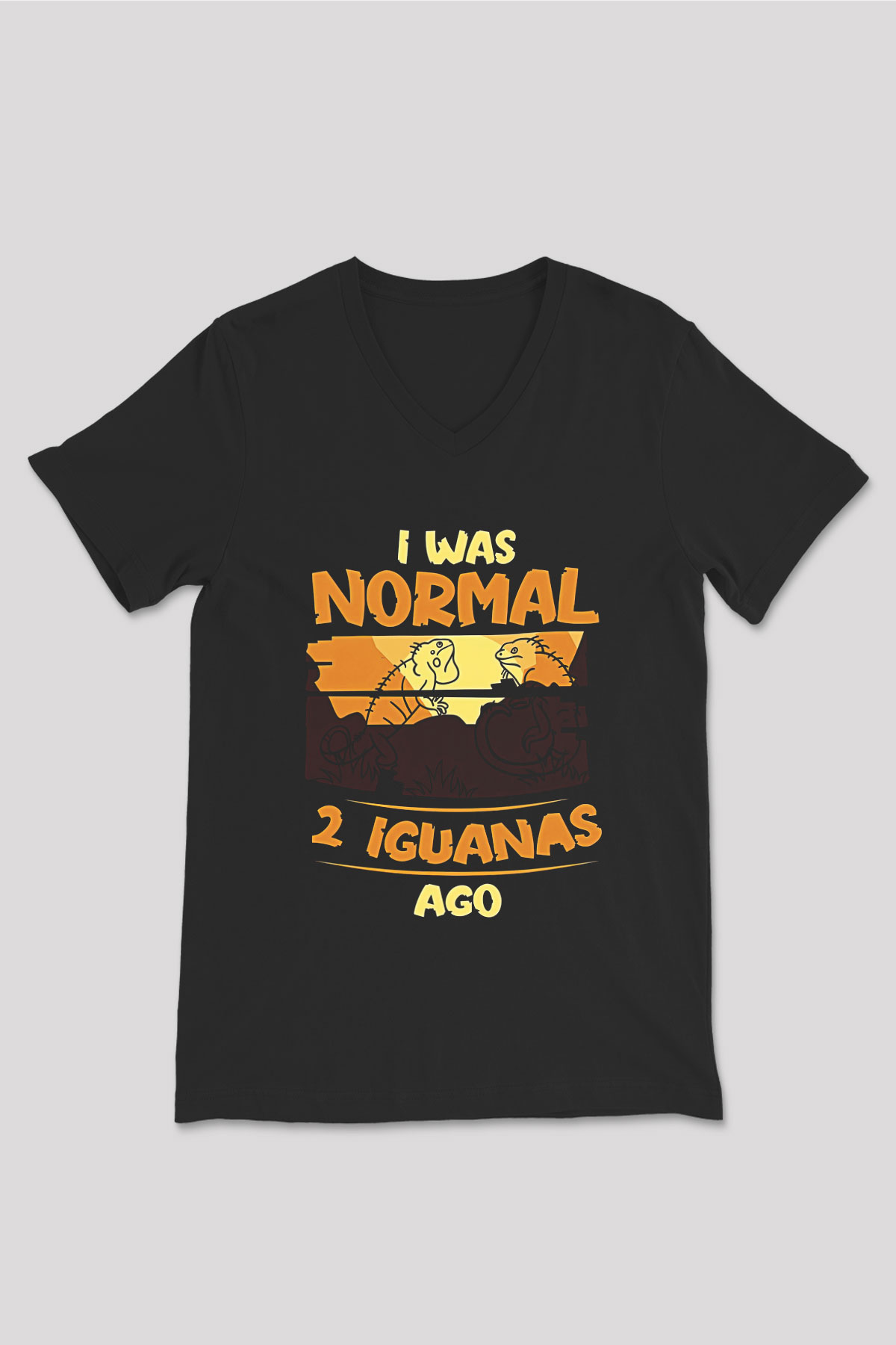 İguana Baskılı Unisex Siyah V Yaka Tişört - Tshirt