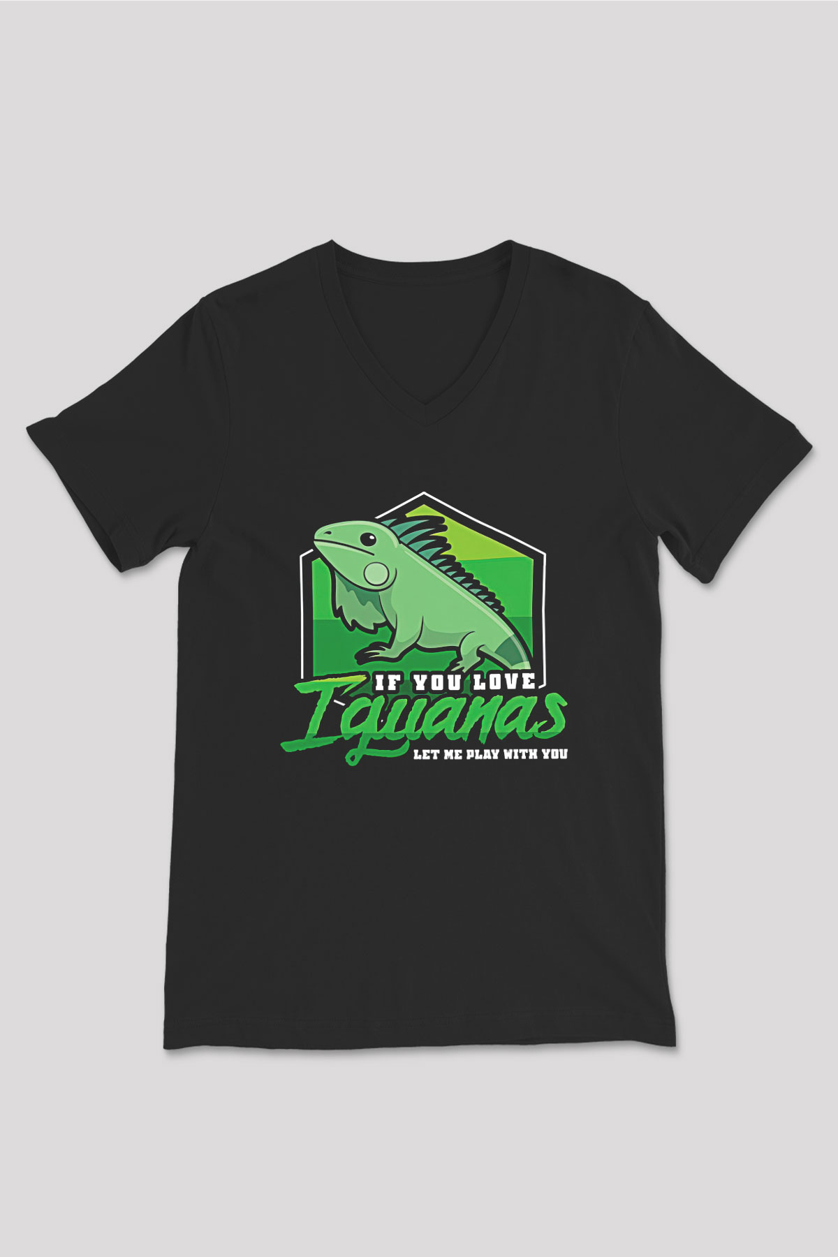 İguana Baskılı Unisex Siyah V Yaka Tişört - Tshirt