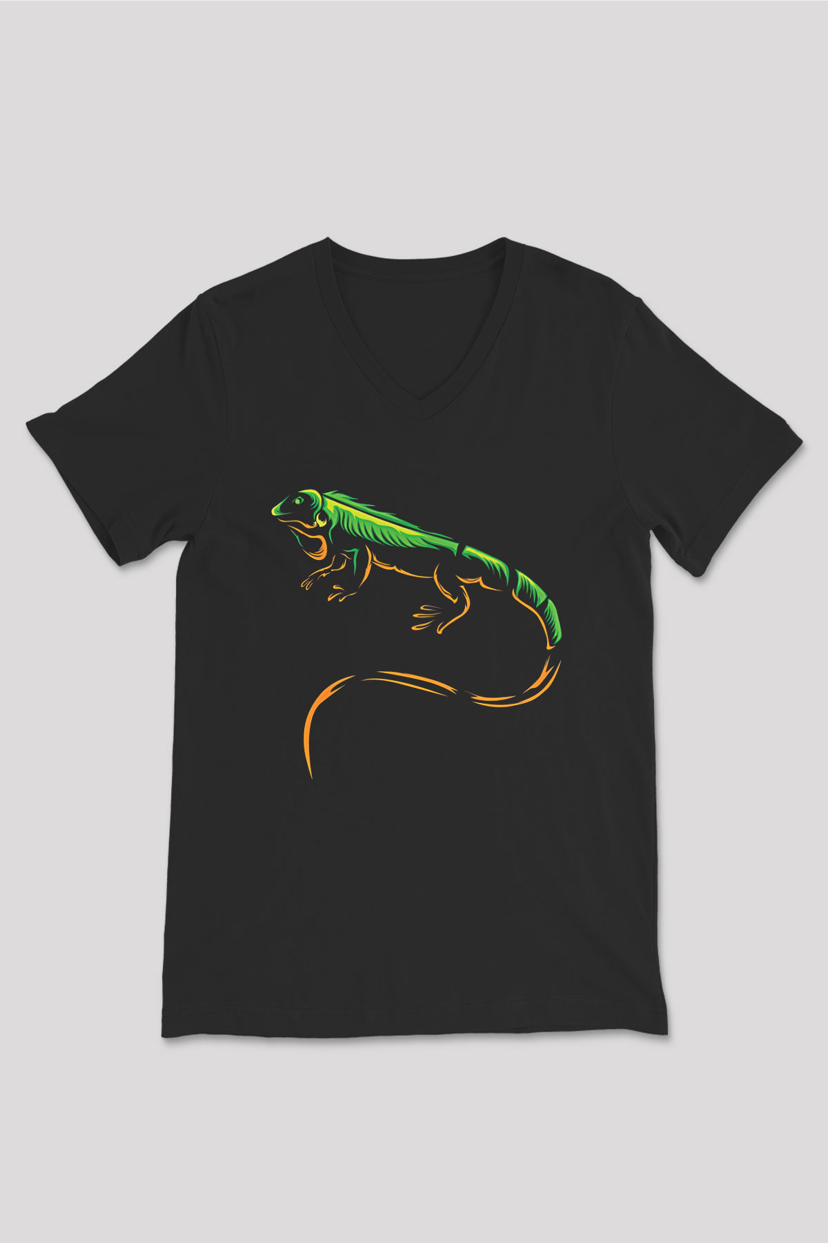 İguana Baskılı Unisex Siyah V Yaka Tişört - Tshirt