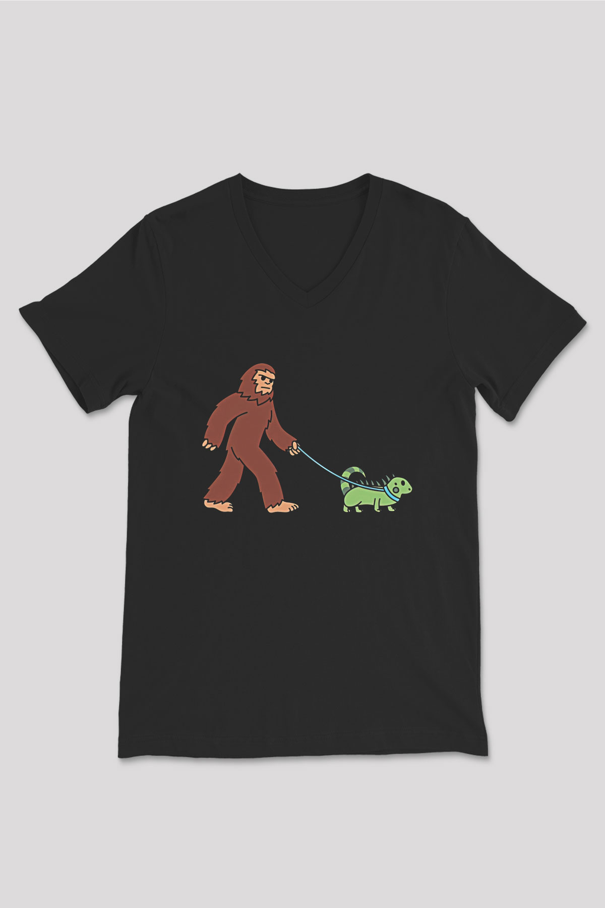 İguana Baskılı Unisex Siyah V Yaka Tişört - Tshirt
