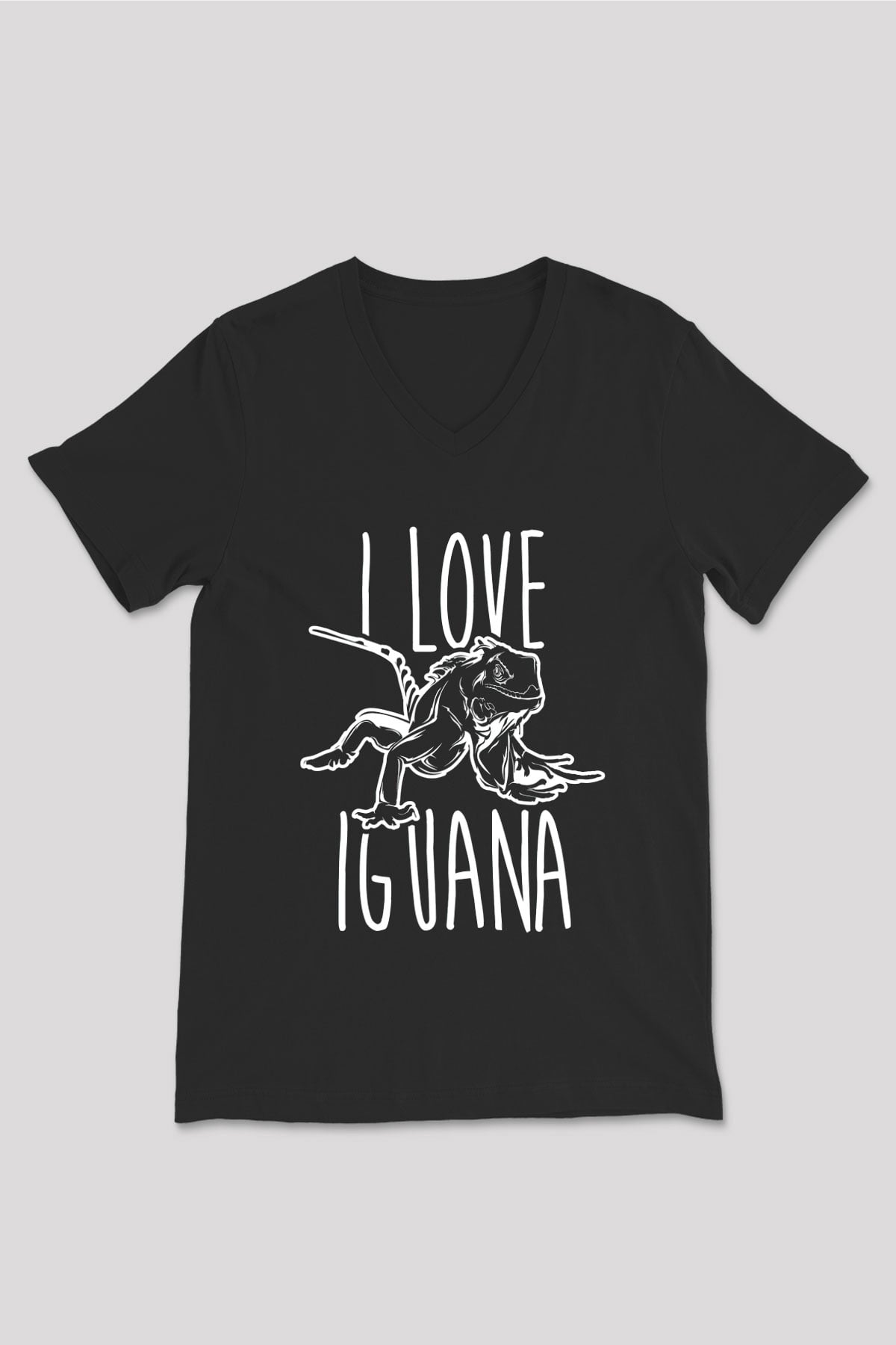 İguana Baskılı Unisex Siyah V Yaka Tişört - Tshirt