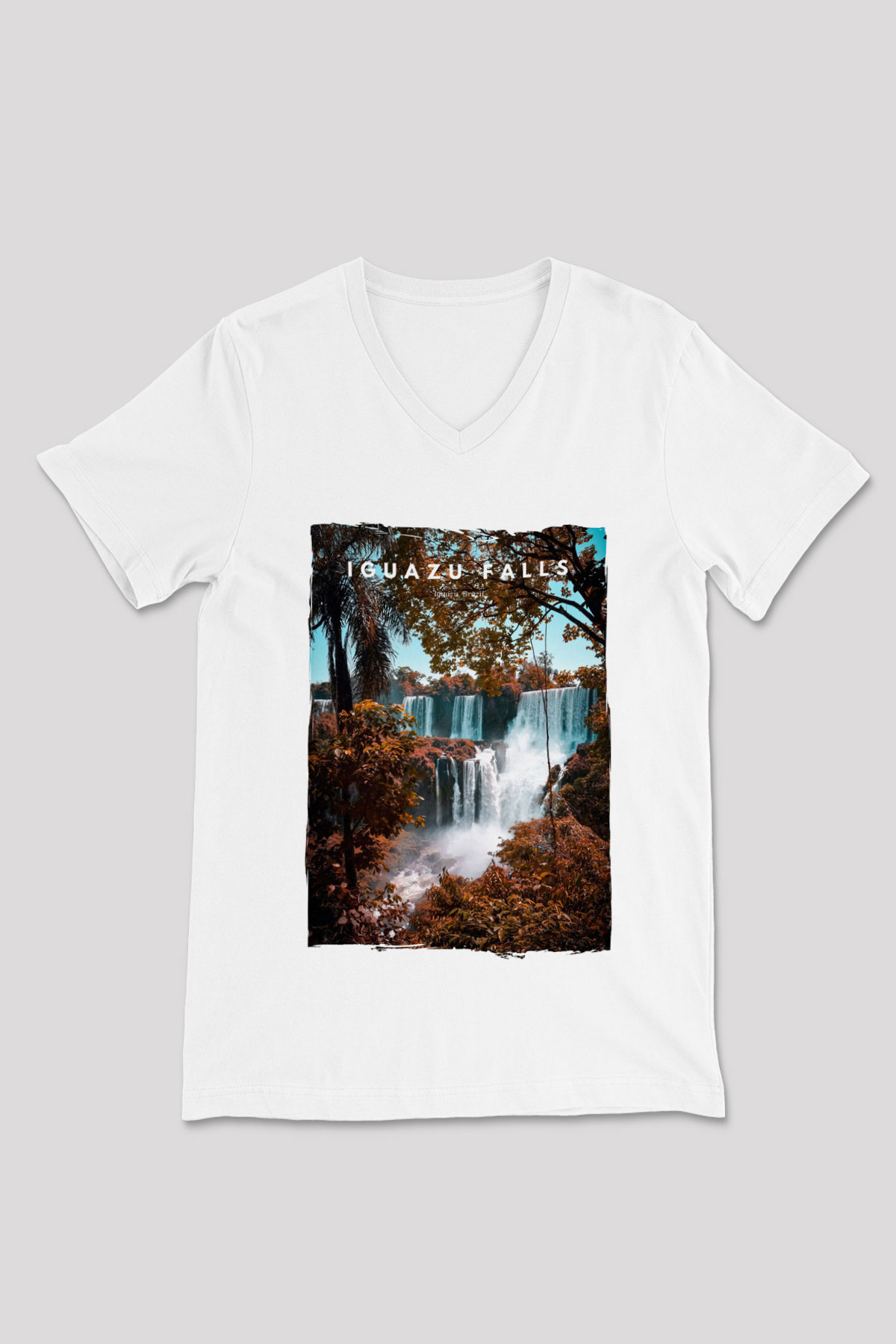 Iguazu Şelalesi Beyaz Unisex V Yaka Tişört