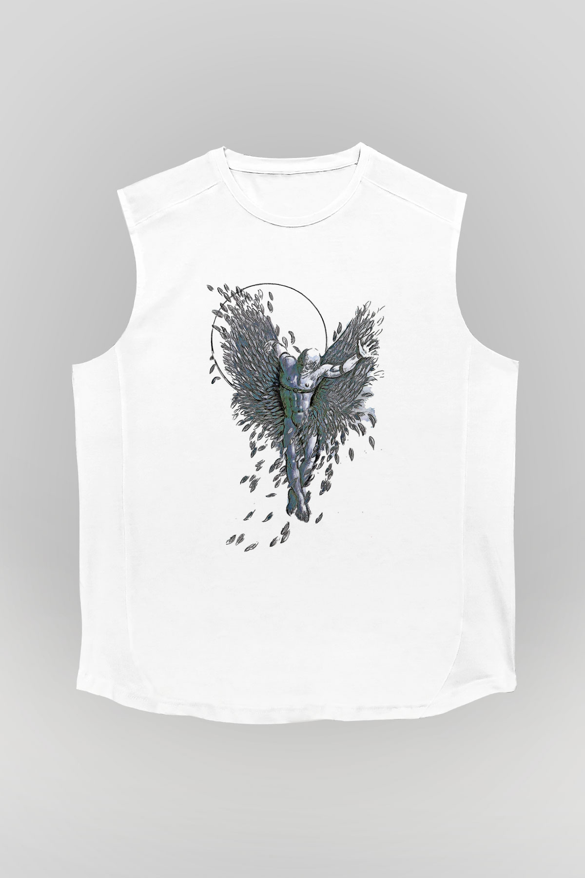 İkarus Baskılı Beyaz Unisex Kolsuz Tişört - Tshirt